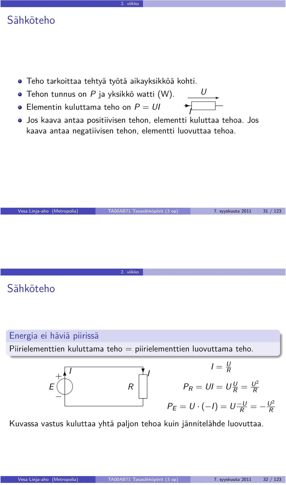 Vesa Linja-aho (Metropolia) TA00AB71 Tasasähköpiirit (3 op) 7. syyskuuta 2011 31 / 123 Sähköteho 2.