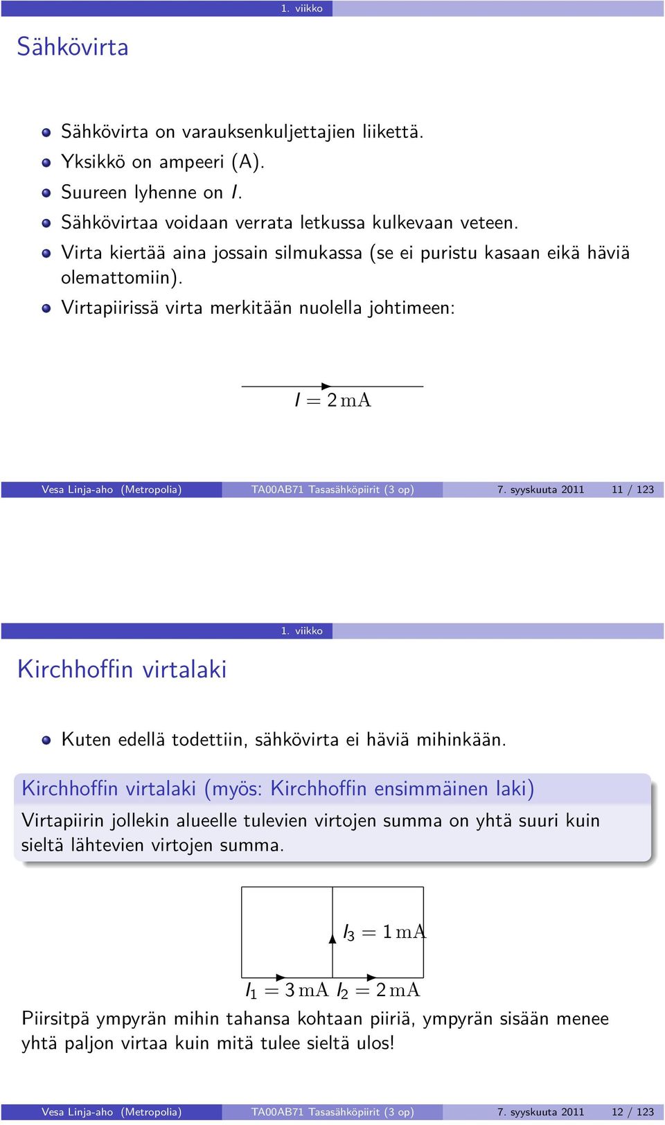 Virtapiirissä virta merkitään nuolella johtimeen: I = 2 ma Vesa Linja-aho (Metropolia) TA00AB71 Tasasähköpiirit (3 op) 7. syyskuuta 2011 11 / 123 Kirchhoffin virtalaki 1.