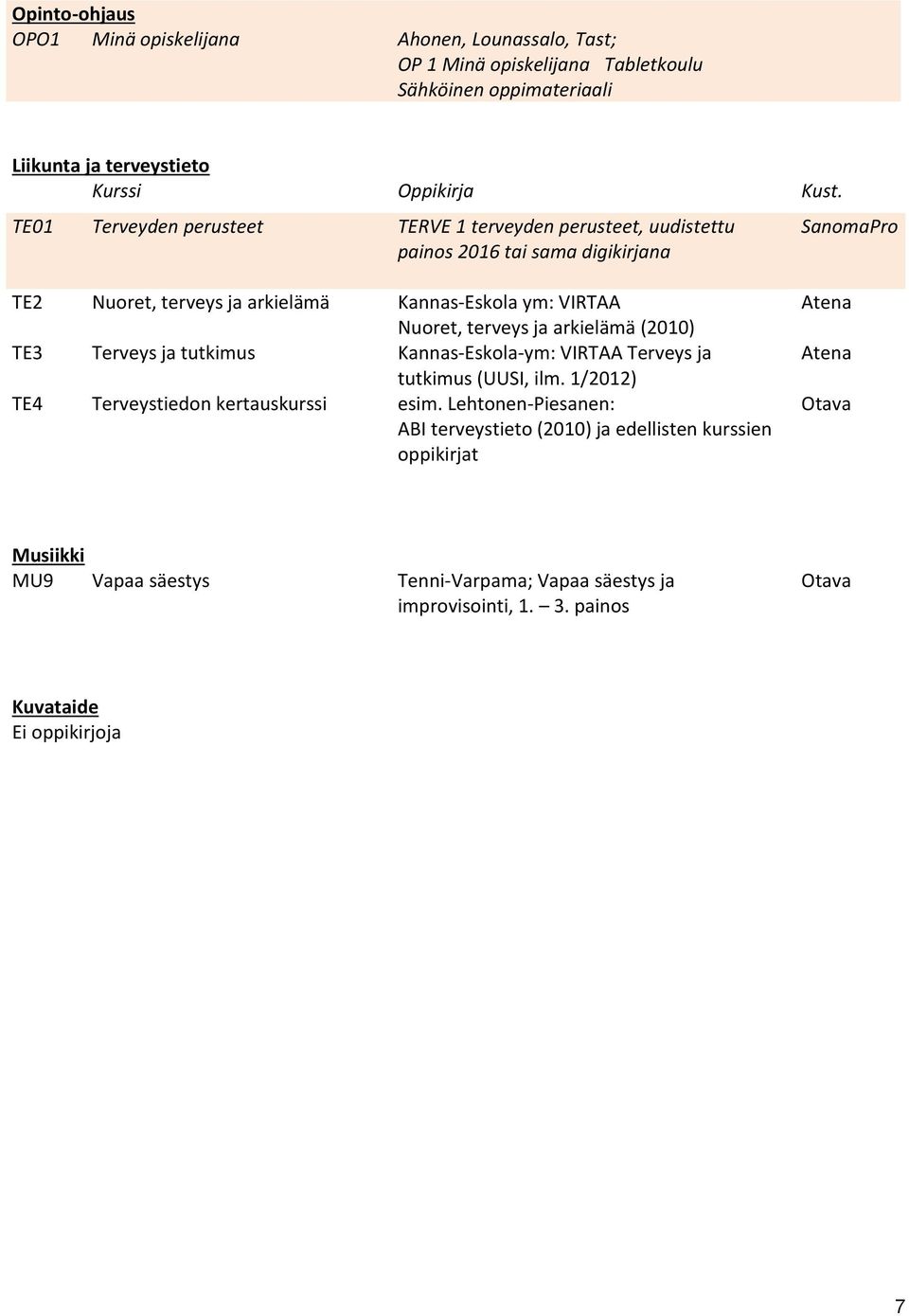 arkielämä (2010) TE3 Terveys ja tutkimus Kannas-Eskola-ym: VIRTAA Terveys ja tutkimus (UUSI, ilm. 1/2012) TE4 Terveystiedon esim.
