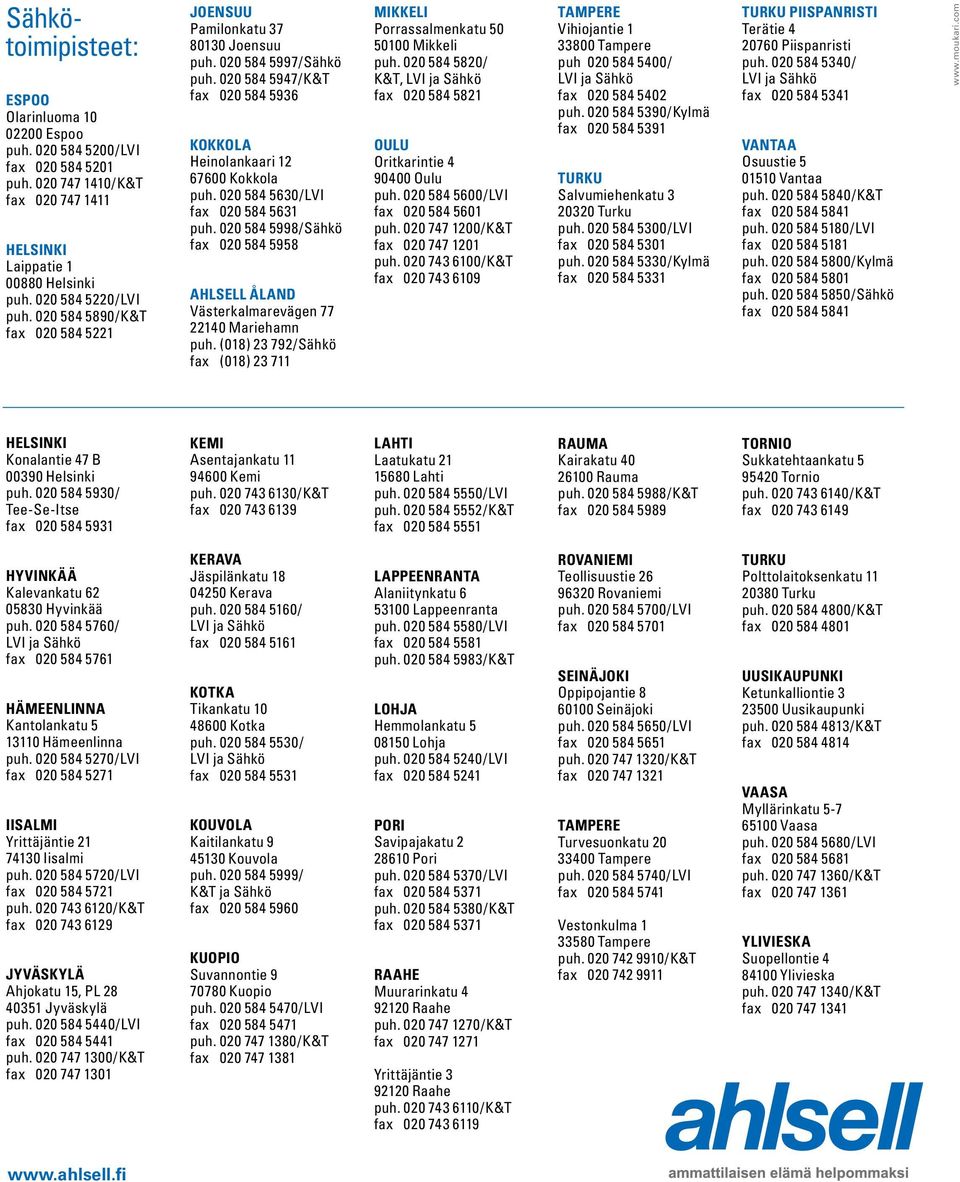 020 584 5630/LVI fax 020 584 5631 puh. 020 584 5998/Sähkö fax 020 584 5958 Ahlsell Åland Västerkalmarevägen 77 22140 Mariehamn puh.