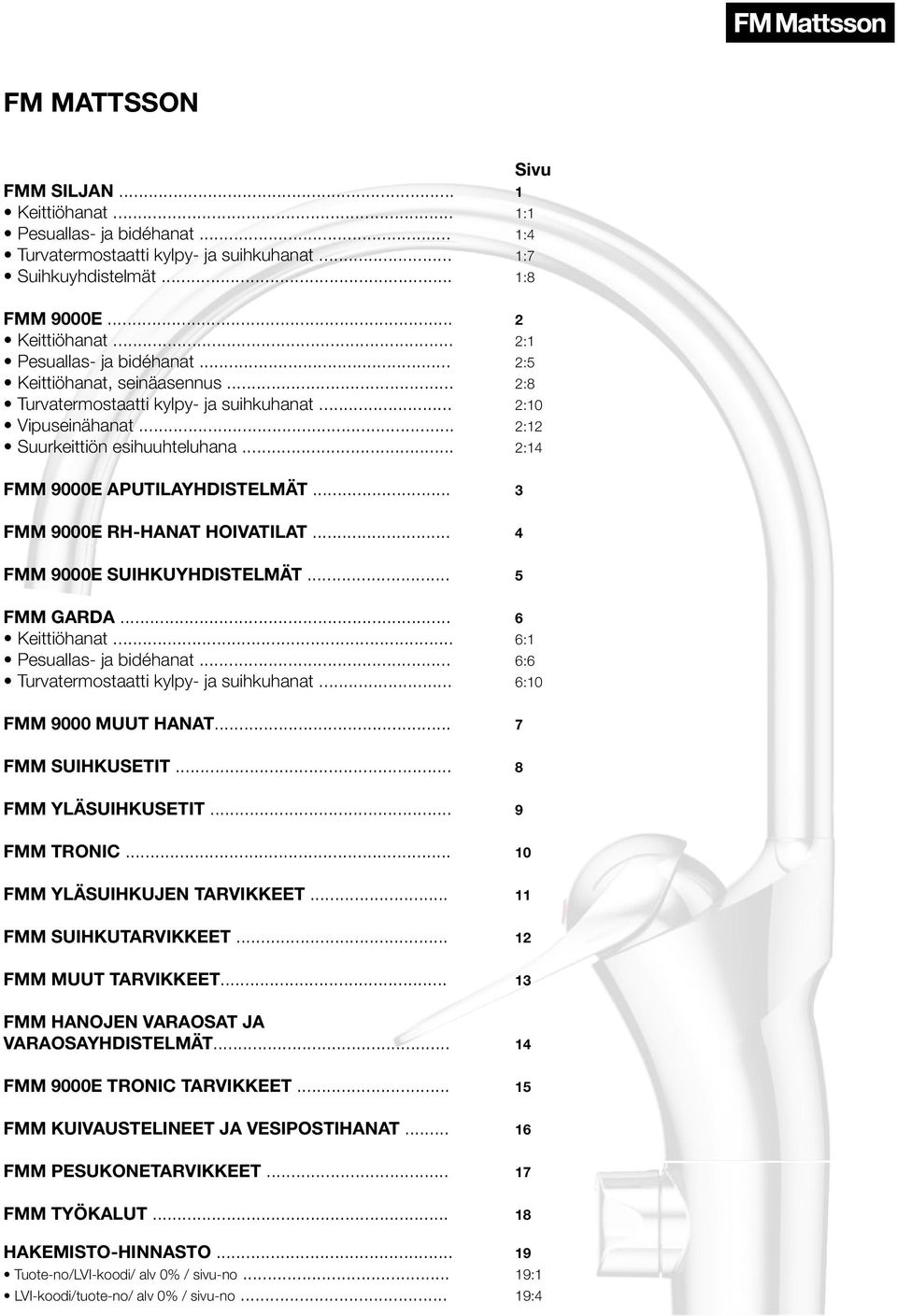 .. 2:14 FMM 9000E aputilayhdistelmät... 3 FMM 9000E RH-HANAT HOIVATILAT... 4 FMM 9000E SUIHKUYHDISTELMÄT... 5 FMM GARDA... 6 Keittiöhanat... 6:1 Pesuallas- ja bidéhanat.