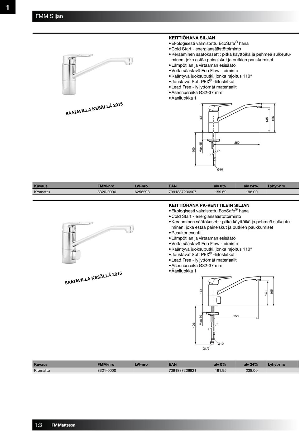 lyijyttömät materiaalit Asennusreikä Ø32-37 mm 165 140 165 400 Max 45 250 Ø10 Kromattu 8320-0000 6258298 7391887236907 159.69 198.