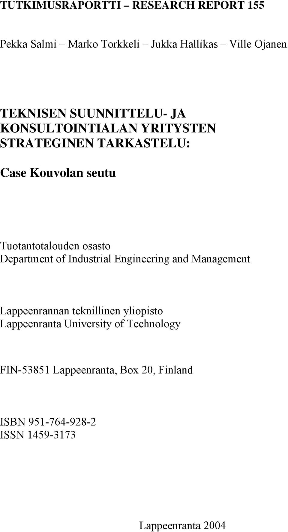 osasto Department of Industrial Engineering and Management Lappeenrannan teknillinen yliopisto Lappeenranta