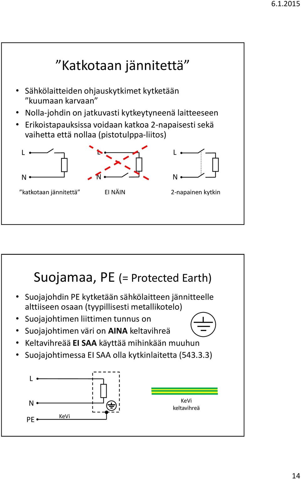 Protected Earth) Suojajohdin PE kytketään sähkölaitteen jännitteelle alttiiseen osaan (tyypillisesti metallikotelo) Suojajohtimen liittimen tunnus on