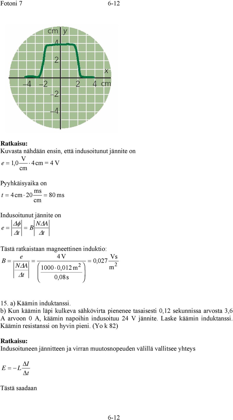 b) Kun käämin läpi kulkeva sähkövirta pienenee tasaisesti 0, sekunnissa arvosta 3,6 A arvoon 0 A, käämin napoihin indusoituu 4 V jännite.