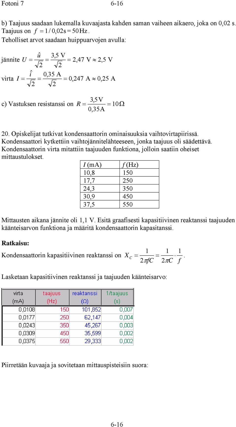 Opiskelijat tutkivat kondensaattorin ominaisuuksia vaihtovirtapiirissä. Kondensaattori kytkettiin vaihtojännitelähteeseen, jonka taajuus oli säädettävä.