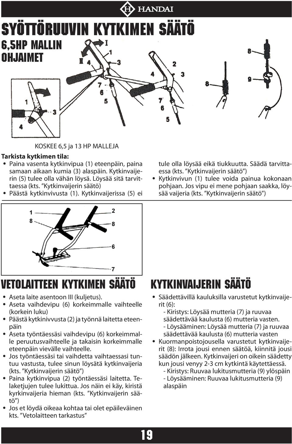 Säädä tarvittaessa (kts. Kytkinvaijerin säätö ) Kytkinvivun (1) tulee voida painua kokonaan pohjaan. Jos vipu ei mene pohjaan saakka, löysää vaijeria (kts.