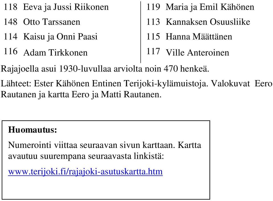 Lähteet: Ester Kähönen Entinen Terijoki-kylämuistoja. Valokuvat Eero Rautanen ja kartta Eero ja Matti Rautanen.