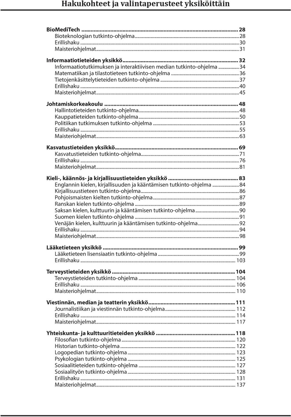 ..40 Maisteriohjelmat...45 Johtamiskorkeakoulu... 48 Hallintotieteiden tutkinto-ohjelma...48 Kauppatieteiden tutkinto-ohjelma...50 Politiikan tutkimuksen tutkinto-ohjelma...53 Erillishaku.