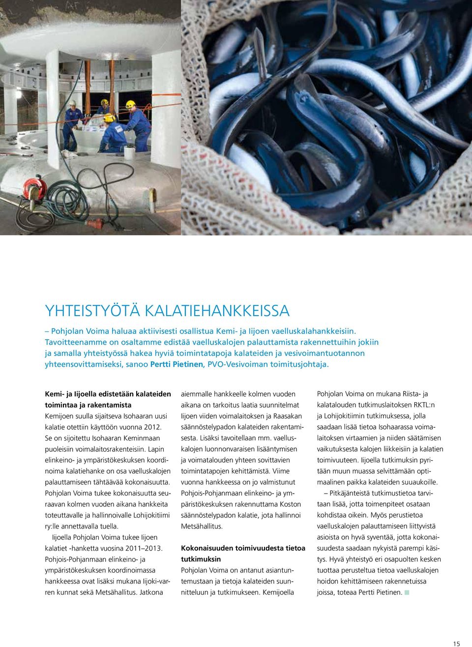 Pertti Pietinen, PVO-Vesivoiman toimitusjohtaja. Kemi- ja Iijoella edistetään kalateiden toimintaa ja rakentamista Kemijoen suulla sijaitseva Isohaaran uusi kalatie otettiin käyttöön vuonna 2012.