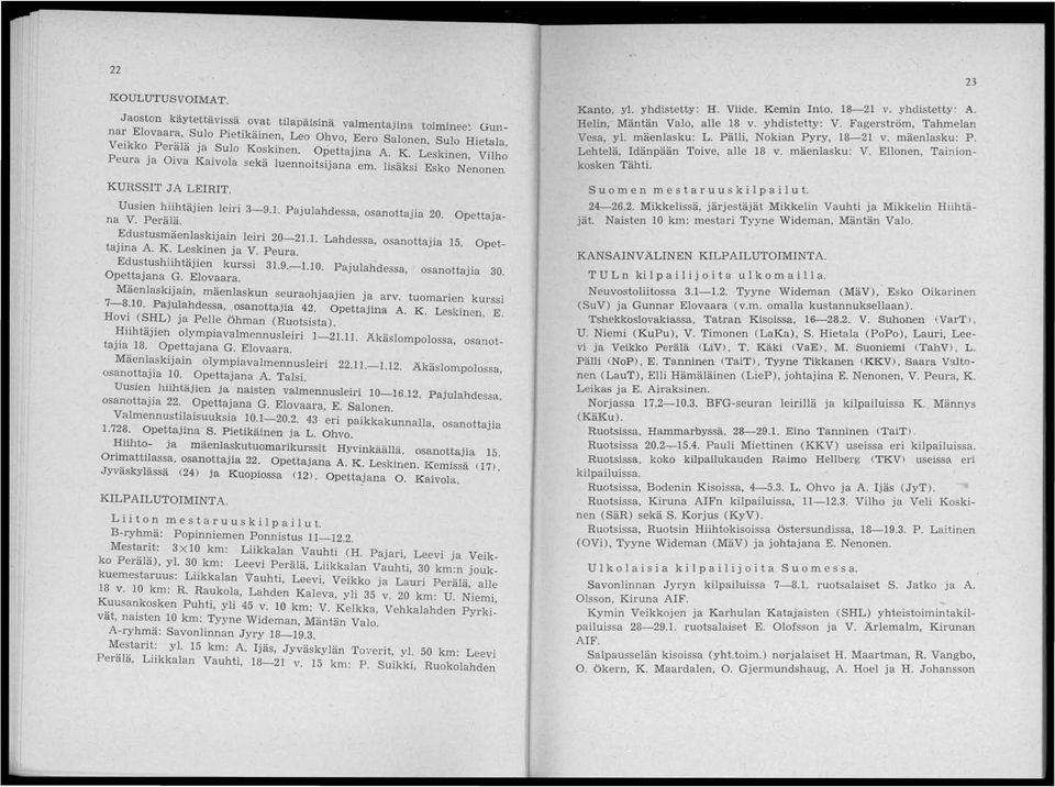 Opet Edustusmäenlaskijain leiri 20-21.1. Lahdessa, osanottajia 15. tajina A. K. Leskinen ja V. Peura. Edustushiihtäjien kurssi 31.9.-1.10. Pajulahdessa, osanottajia 30. Opettajana G. Elovaara.