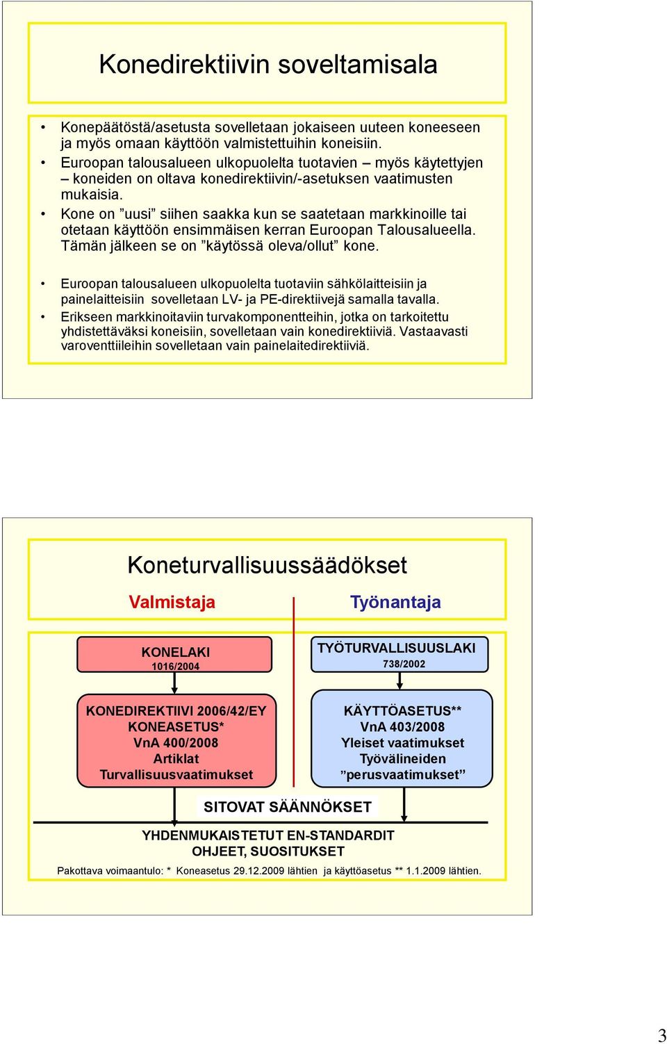 Kone on uusi siihen saakka kun se saatetaan markkinoille tai otetaan käyttöön ensimmäisen kerran Euroopan Talousalueella. Tämän jälkeen se on käytössä oleva/ollut kone.