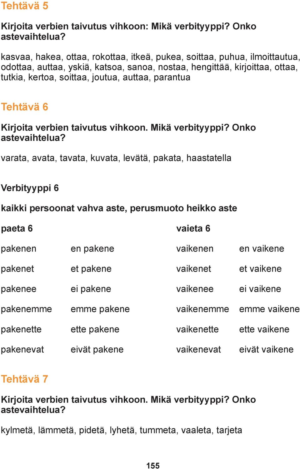 parantua Tehtävä 6 Kirjoita verbien taivutus vihkoon. Mikä verbityyppi? Onko astevaihtelua?