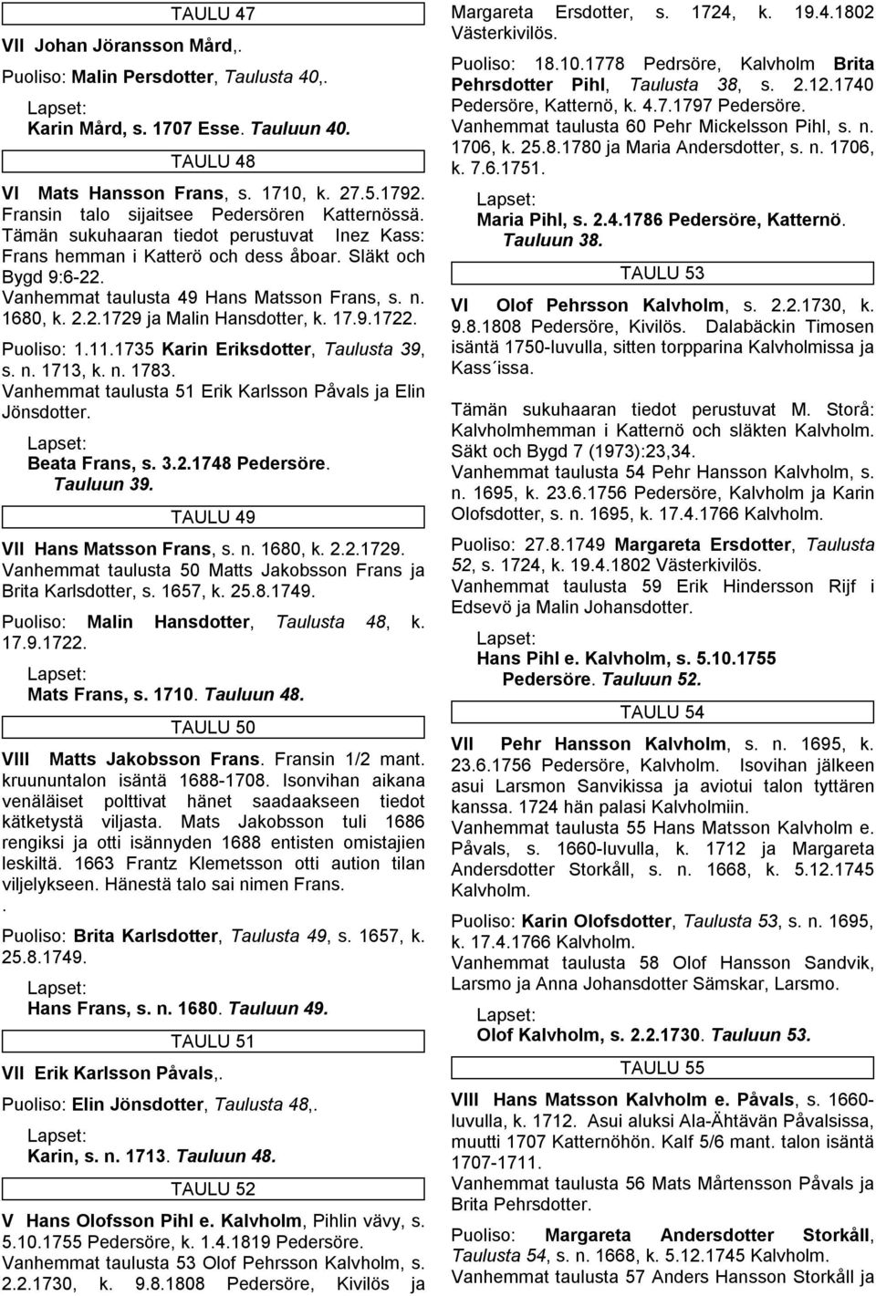 n. 1680, k. 2.2.1729 ja Malin Hansdotter, k. 17.9.1722. Puoliso: 1.11.1735 Karin Eriksdotter, Taulusta 39, s. n. 1713, k. n. 1783. Vanhemmat taulusta 51 Erik Karlsson Påvals ja Elin Jönsdotter.