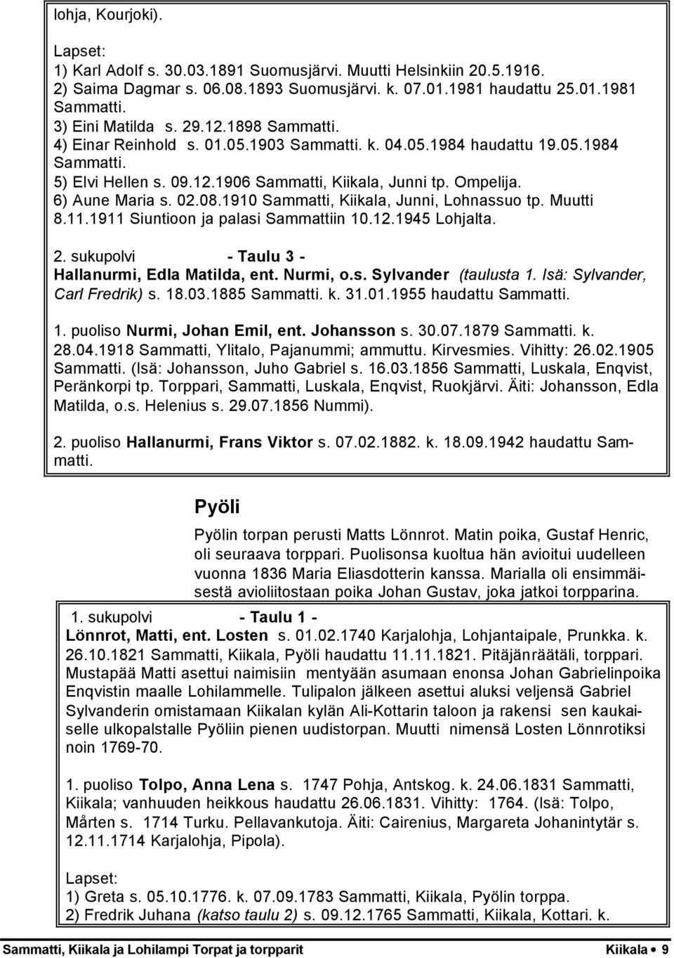 1910 Sammatti, Kiikala, Junni, Lohnassuo tp. Muutti 8.11.1911 Siuntioon ja palasi Sammattiin 10.12.1945 Lohjalta. 2. sukupolvi - Taulu 3 - Hallanurmi, Edla Matilda, ent. Nurmi, o.s. Sylvander (taulusta 1.