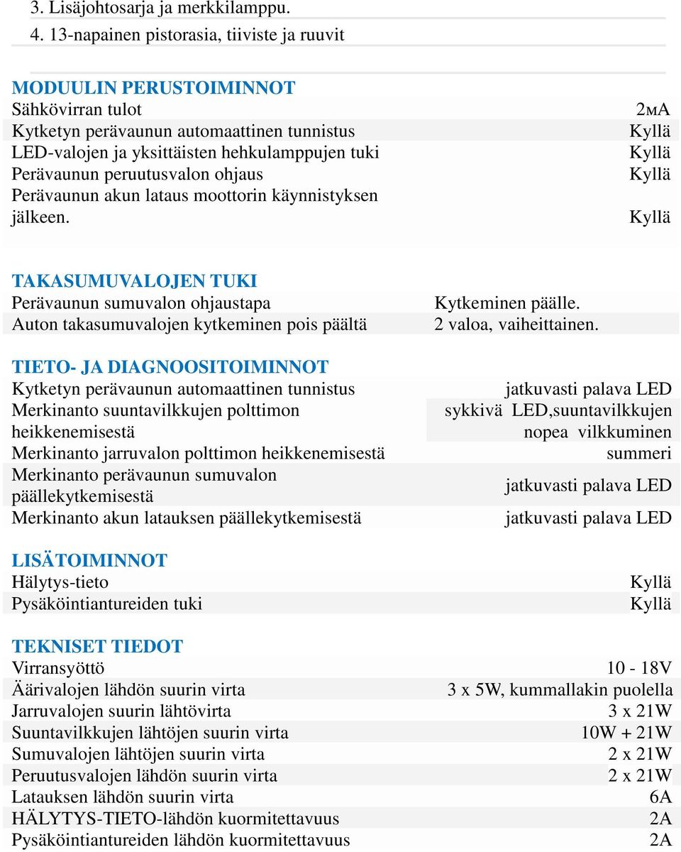 sumuvalon päällekytkemisestä Merkinanto akun latauksen päällekytkemisestä LISÄTOIMINNOT Hälytys-tieto Pysäköintiantureiden tuki Peruutusvalojen lähdön suurin virta Latauksen lähdön suurin virta