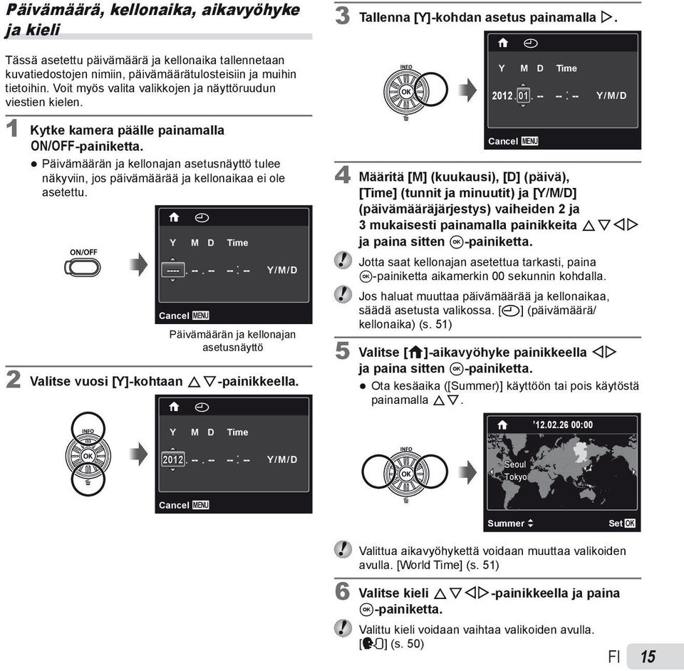 Päivämäärän ja kellonajan asetusnäyttö tulee näkyviin, jos päivämäärää ja kellonaikaa ei ole asetettu. X Y M D Time ----. Cancel MENU --.
