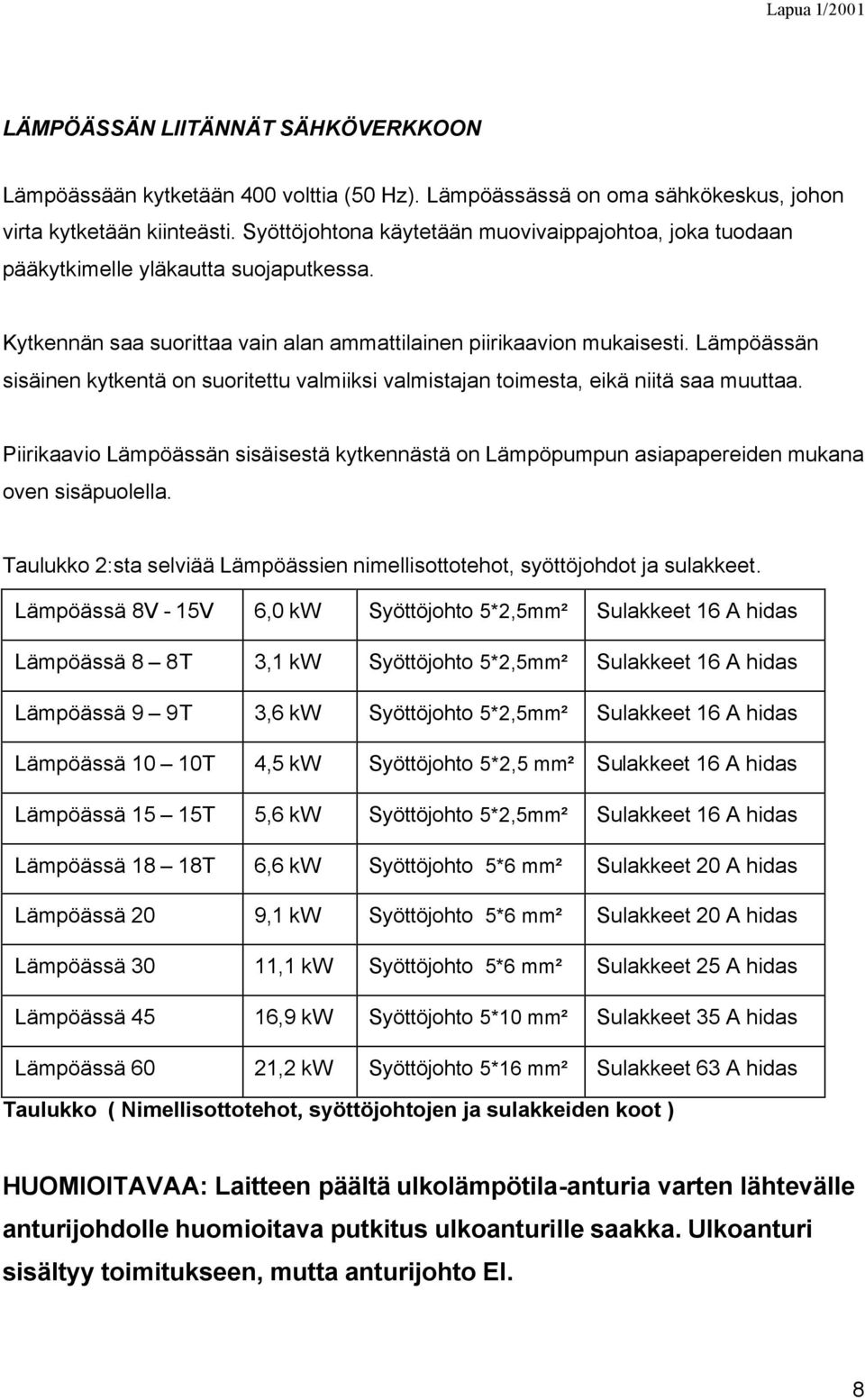 Lämpöässän sisäinen kytkentä on suoritettu valmiiksi valmistajan toimesta, eikä niitä saa muuttaa. Piirikaavio Lämpöässän sisäisestä kytkennästä on Lämpöpumpun asiapapereiden mukana oven sisäpuolella.