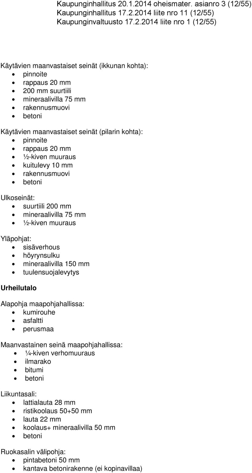 rappaus 20 mm 200 mm suurtiili mineraalivilla 75 mm rakennusmuovi betoni Käytävien maanvastaiset seinät (pilarin kohta): pinnoite rappaus 20 mm ½-kiven muuraus kuitulevy 10 mm rakennusmuovi betoni