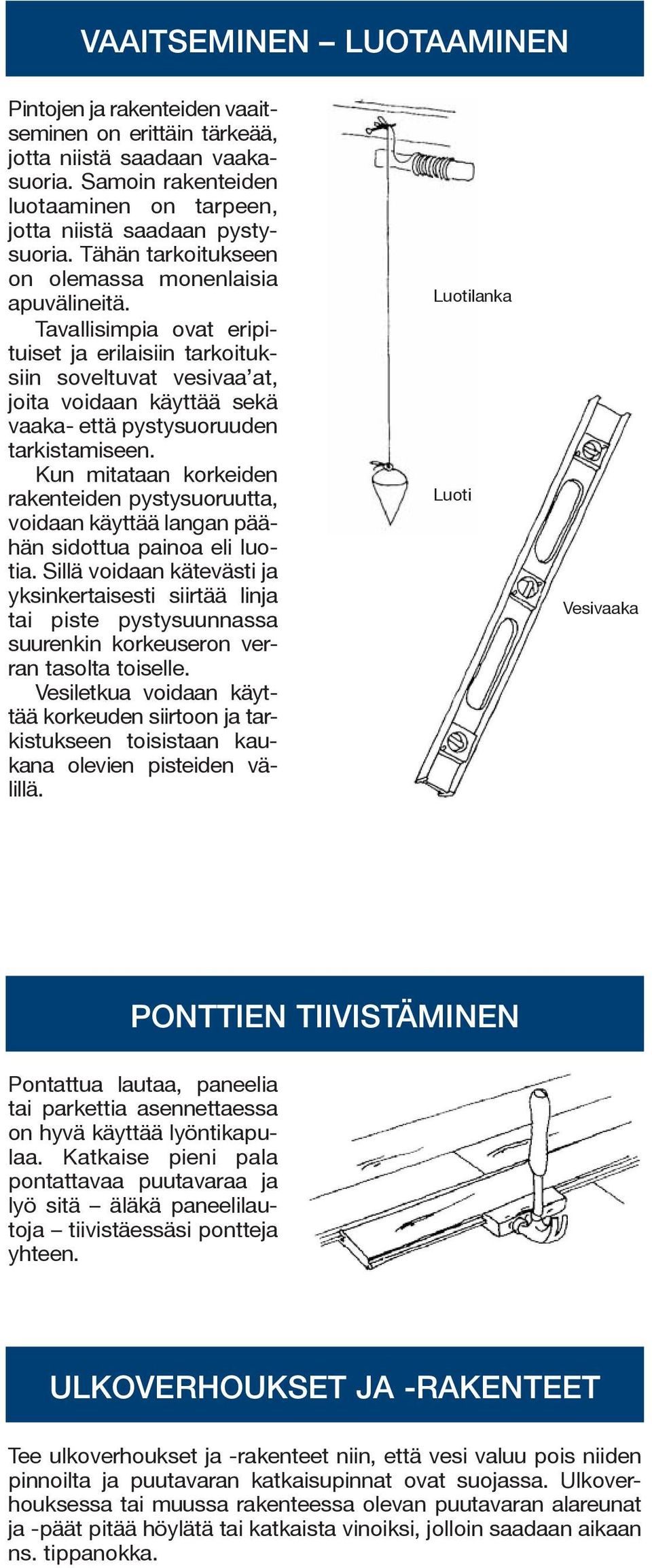 Tavallisimpia ovat eripituiset ja erilaisiin tarkoituksiin soveltuvat vesivaa at, joita voidaan käyttää sekä vaaka- että pystysuoruuden tarkistamiseen.