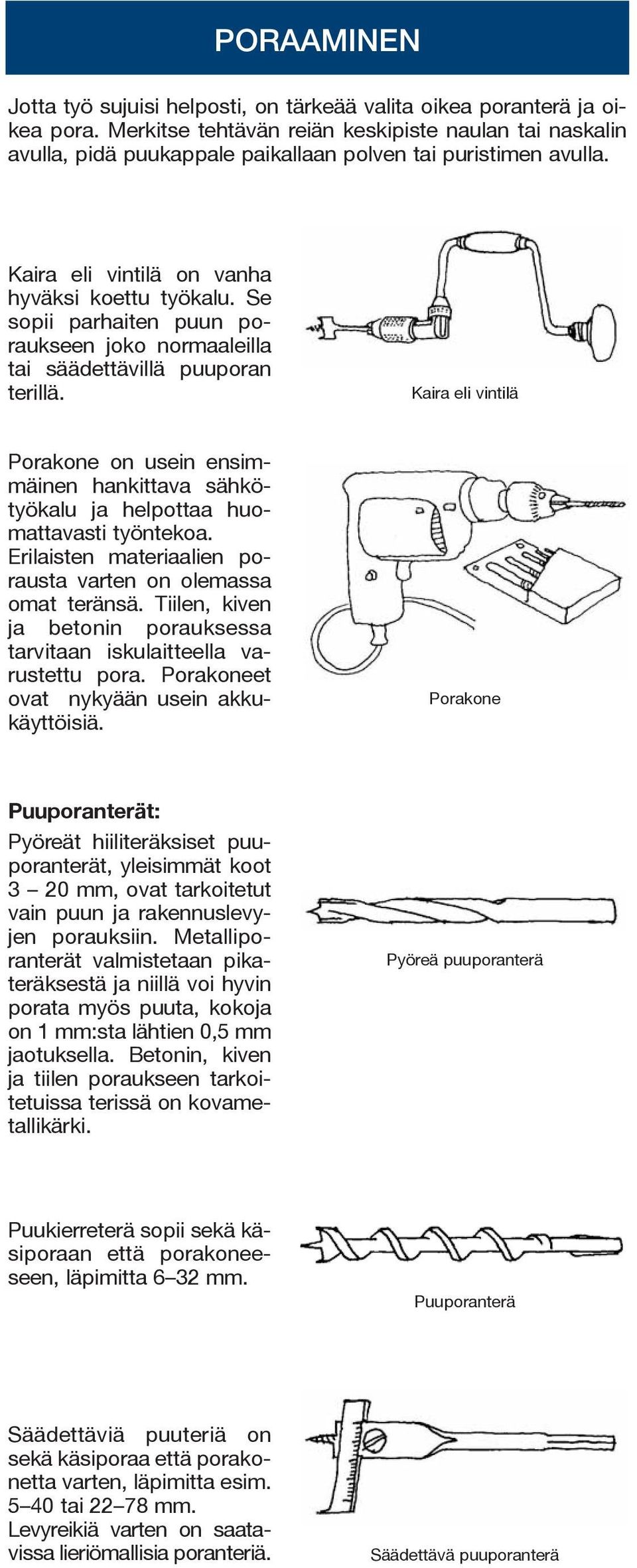 Se sopii parhaiten puun poraukseen joko normaaleilla tai säädettävillä puuporan terillä. Kaira eli vintilä Porakone on usein ensimmäinen hankittava sähkötyökalu ja helpottaa huomattavasti työntekoa.