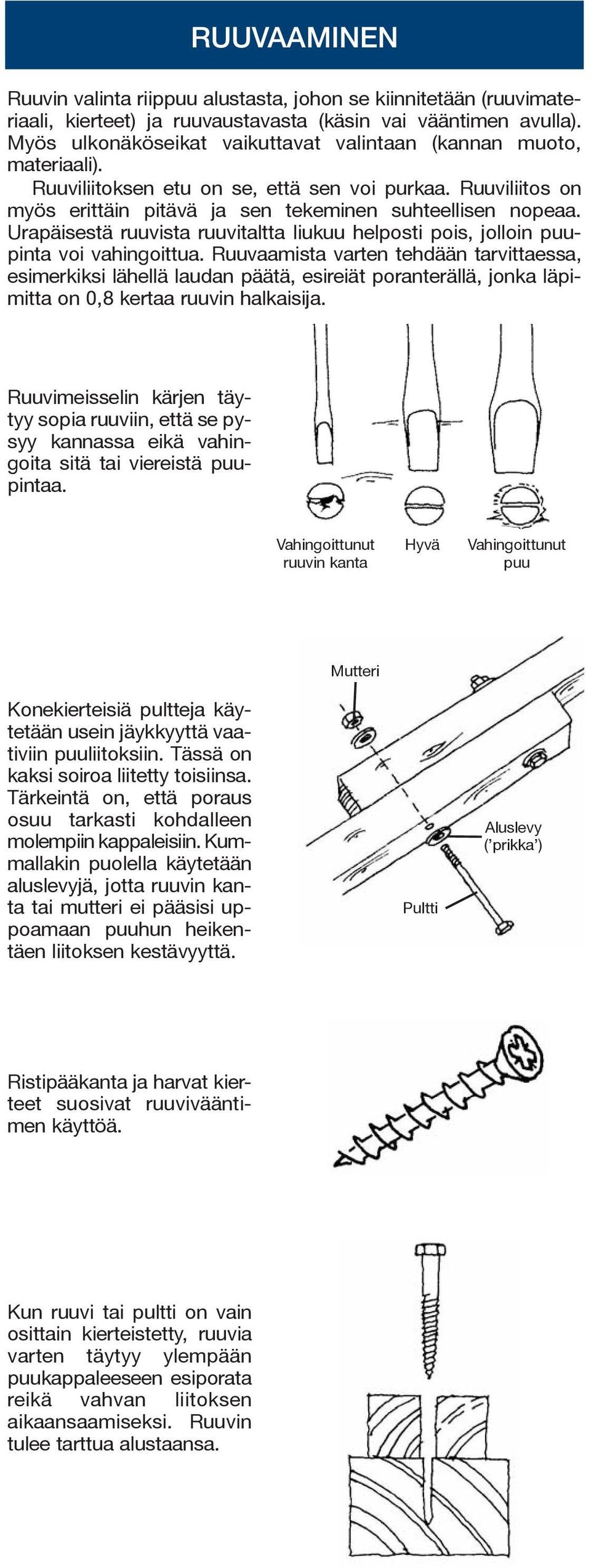 Urapäisestä ruuvista ruuvitaltta liukuu helposti pois, jolloin puupinta voi vahingoittua.