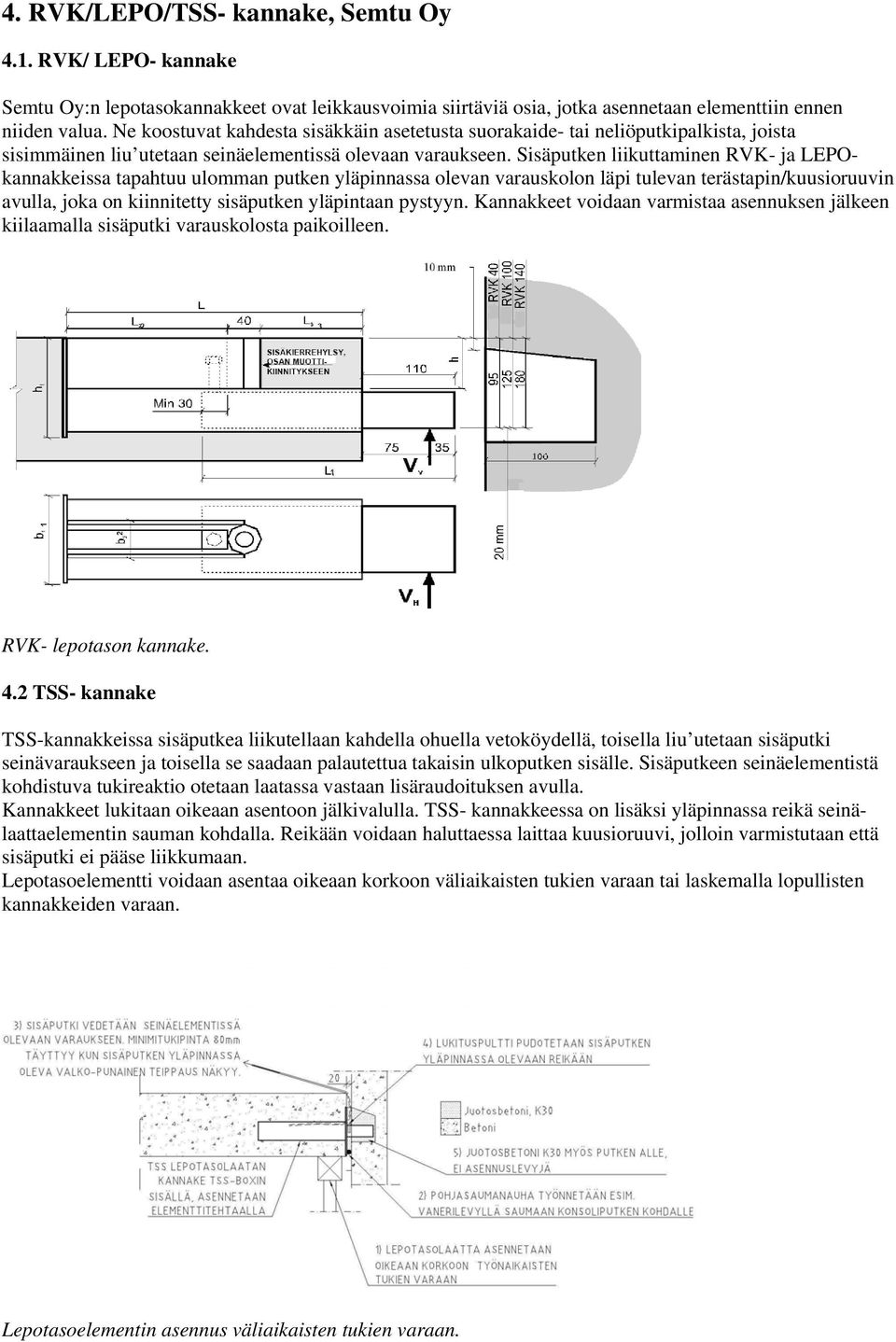 Sisäputken liikuttaminen RVK- ja LEPOkannakkeissa tapahtuu ulomman putken yläpinnassa olevan varauskolon läpi tulevan terästapin/kuusioruuvin avulla, joka on kiinnitetty sisäputken yläpintaan pystyyn.