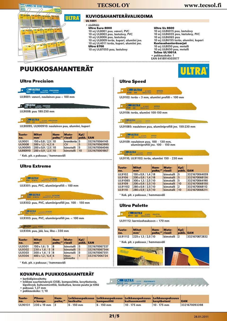 Kuviosahanteräsarjat Ultra 8700 10 srj UL8050 puu, metalli 10 srj UL87055 puu, lastulevy 10 srj UL8650 puu, metalli Teline UL1001A EAN 6418914503977 Ultra Precision Ultra Speed UL9001: vaneri,