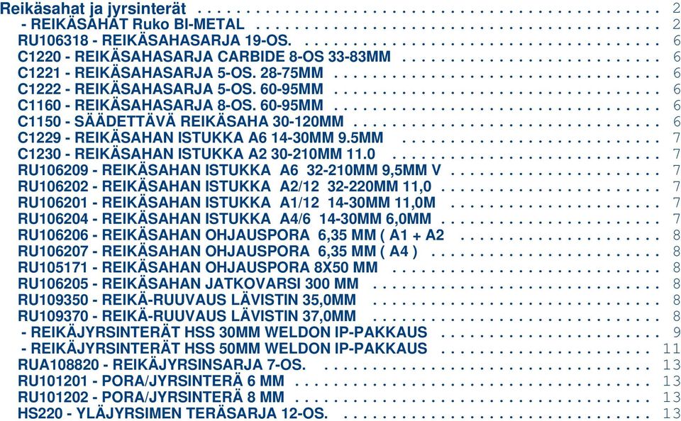 .. 7 RU106202 - N ISTUKKA A2/12 32-220MM 11,0... 7 RU106201 - N ISTUKKA A1/12 14-30MM 11,0M... 7 RU106204 - N ISTUKKA A4/6 14-30MM 6,0MM... 7 RU106206 - N OHJAUSPORA 6,35 MM ( A1 + A2.
