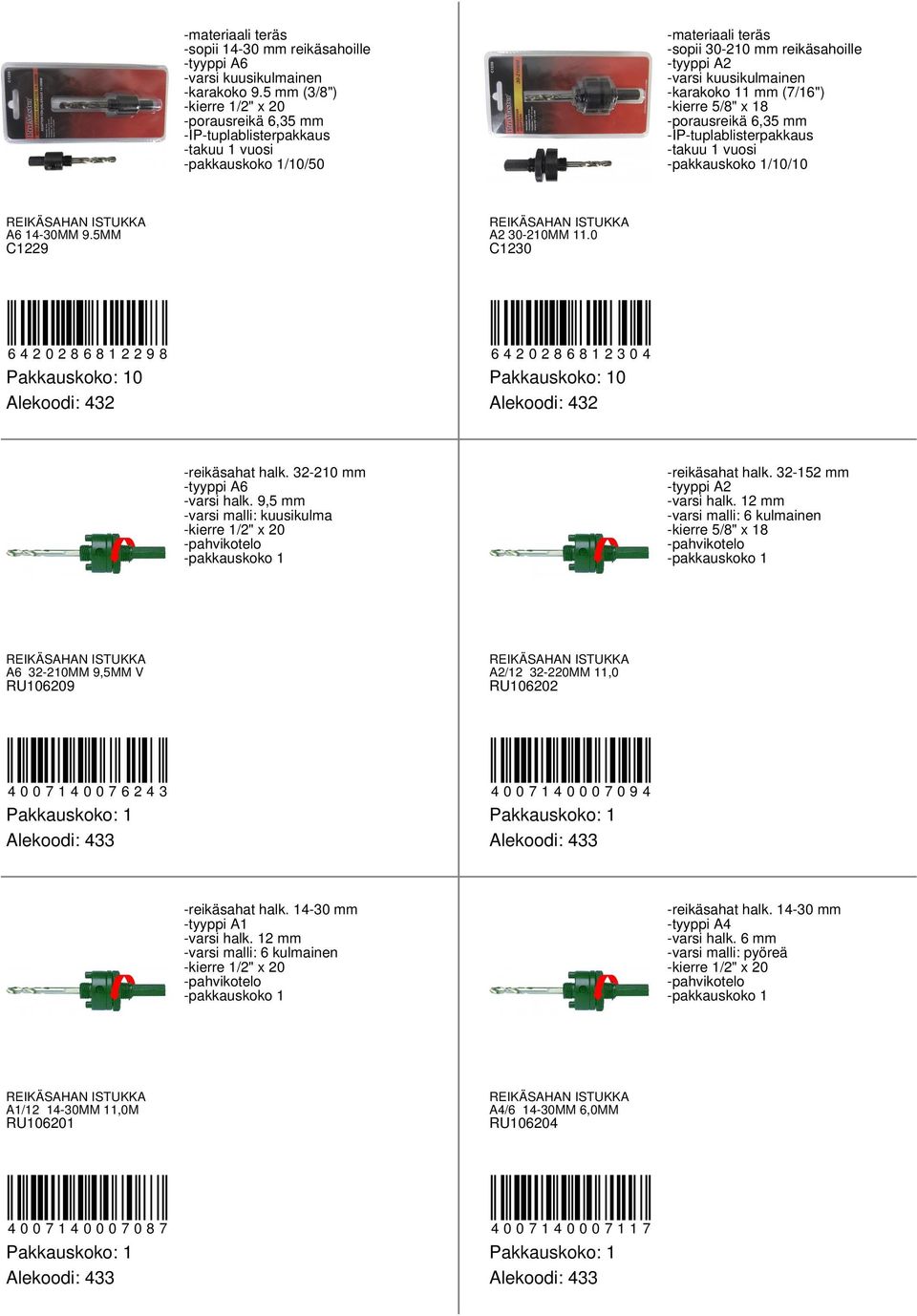 5/8" x 18 -porausreikä 6,35 mm -IP-tuplablisterpakkaus /10/10 N ISTUKKA A6 14-30MM 9.5MM N ISTUKKA A2 30-210MM 11.0 C1229 C1230 6420286812298 6420286812304 0 0 -reikäsahat halk.