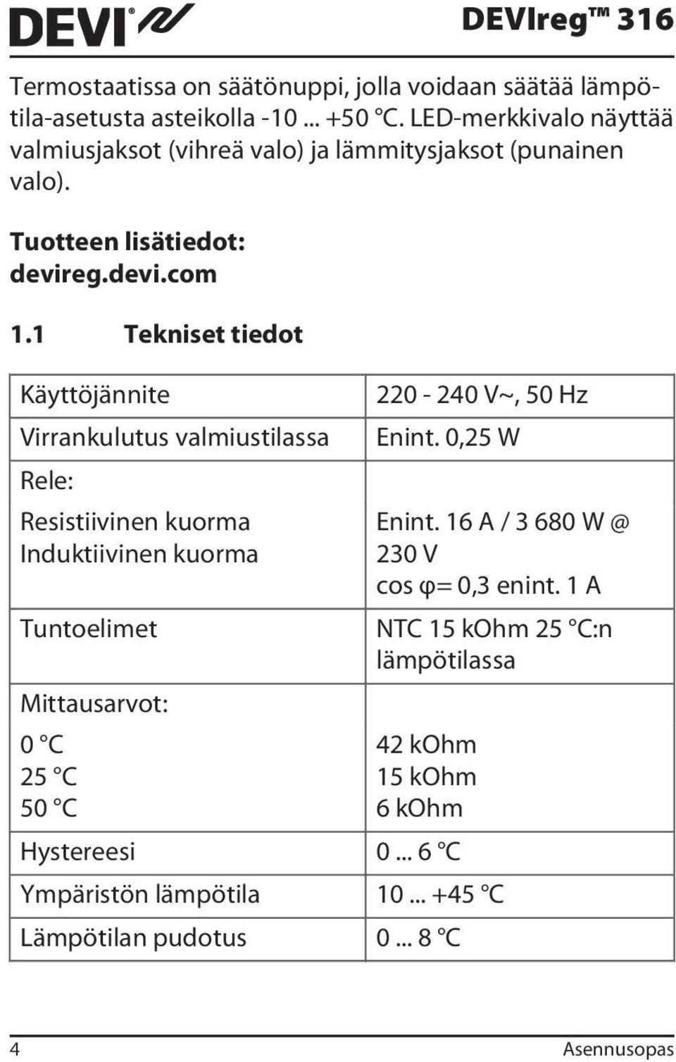 1 Tekniset tiedot Käyttöjännite Virrankulutus valmiustilassa Rele: Resistiivinen kuorma Induktiivinen kuorma Tuntoelimet Mittausarvot: 0 C 25 C 50 C