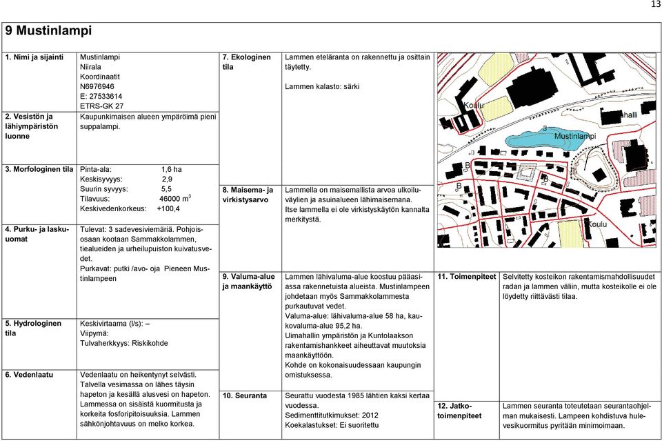 Pohjoisosaan kootaan Sammakkolammen, tiealueiden ja urheilupuiston kuivatusvedet. Purkavat: putki /avo- oja Pieneen Mustinlampeen Tulvaherkkyys: Riskikohde 6.