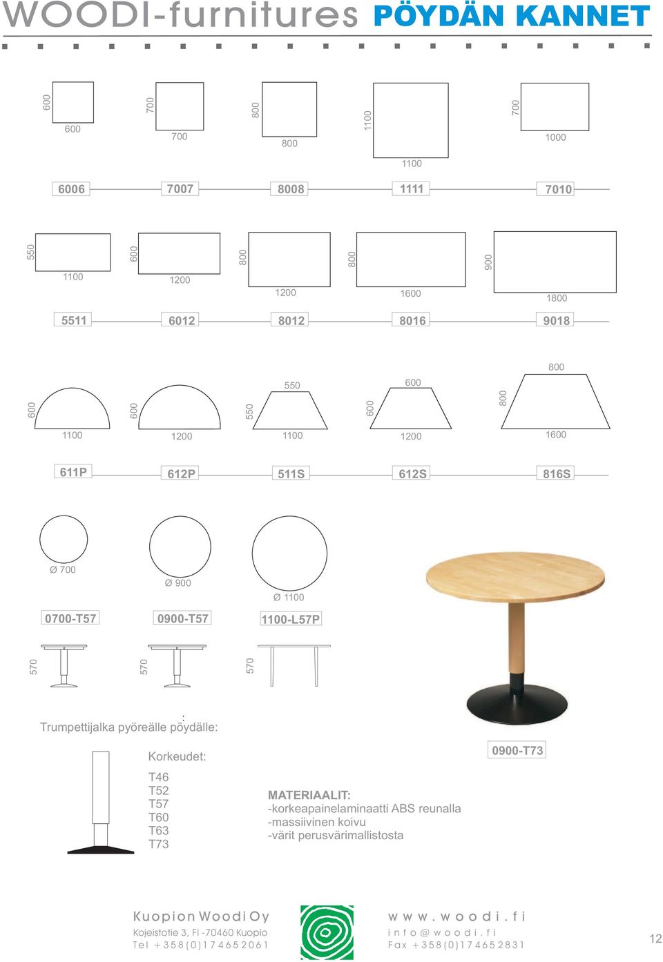 612S 816S Ø 700 Ø 900 Ø 1100 0700-T57 0900-T57 1100-L57P 570 570 570 Trumpettijalka pyöreälle pöydälle: Korkeudet: