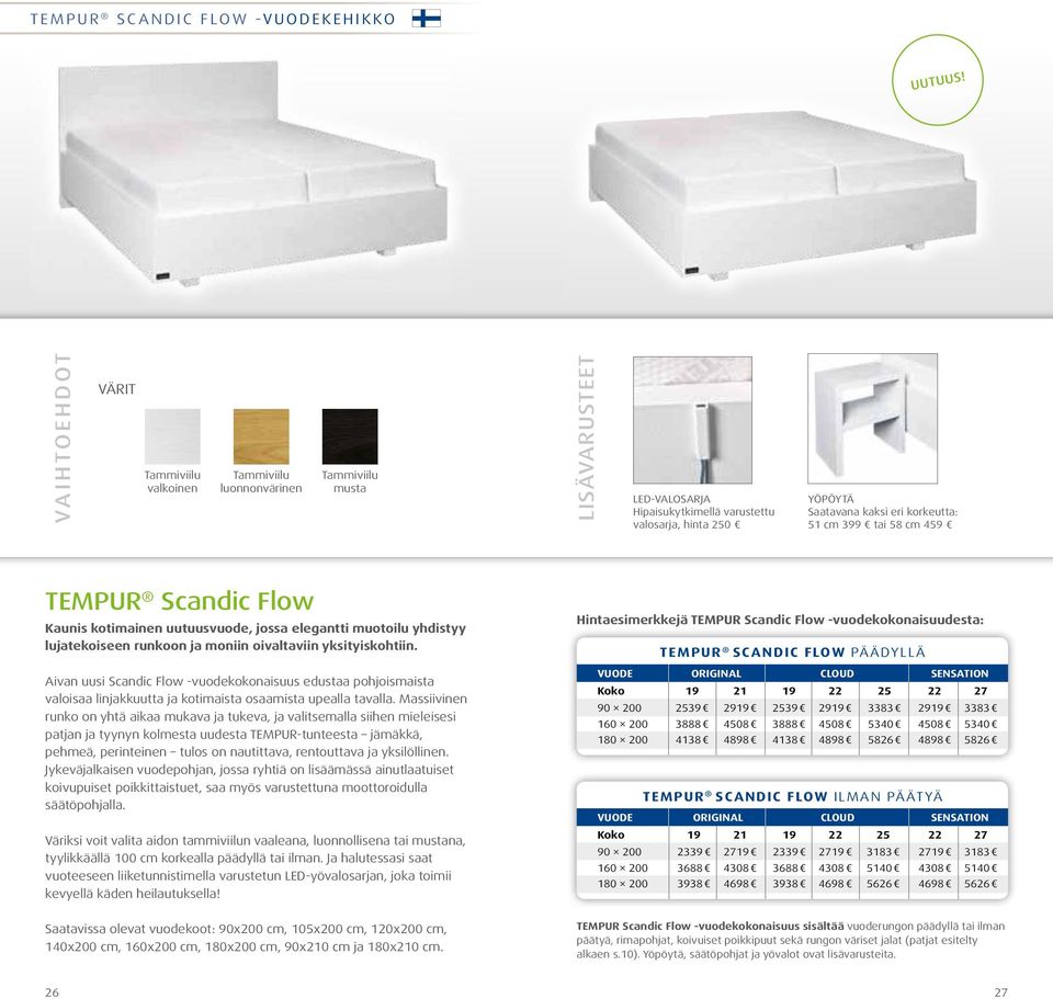 51 cm 399 tai 58 cm 459 TEMPUR Scandic Flow Kaunis kotimainen uutuusvuode, jossa elegantti muotoilu yhdistyy lujatekoiseen runkoon ja moniin oivaltaviin yksityiskohtiin.