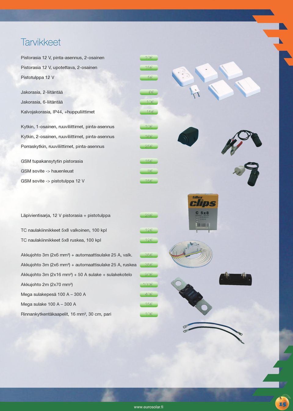 15 GSM sovite -> hauenleuat 8 GSM sovite -> pistotulppa 12 V 15 Läpivientisarja, 12 V pistorasia + pistotulppa 28 TC naulakiinnikkeet 5x8 valkoinen, 100 kpl 12 TC naulakiinnikkeet 5x8 ruskea, 100 kpl
