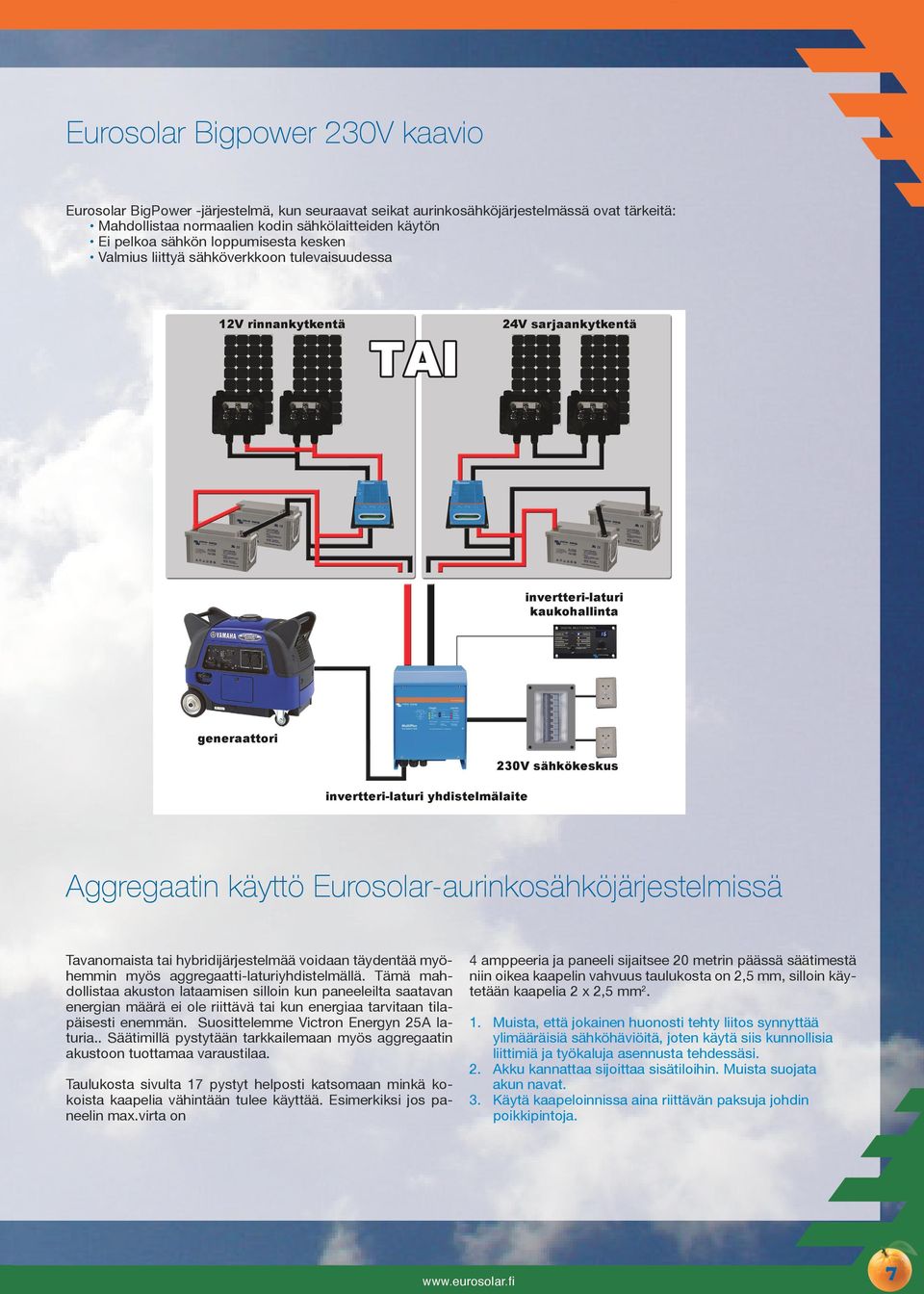 aggregaatti-laturiyhdistelmällä. Tämä mahdollistaa akuston lataamisen silloin kun paneeleilta saatavan energian määrä ei ole riittävä tai kun energiaa tarvitaan tilapäisesti enemmän.