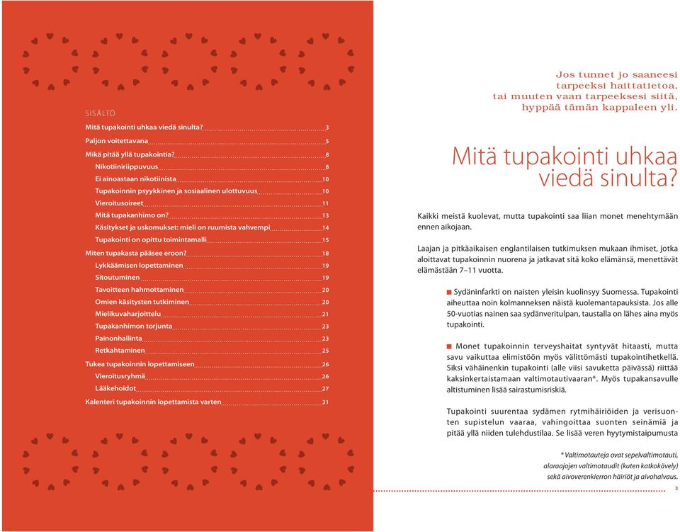 Vieroitusoireet 11 Mitä tupakanhimo on? 13 Käsitykset ja uskomukset: mieli on ruumista vahvempi 14 Tupakointi on opittu toimintamalli 15 Miten tupakasta pääsee eroon?