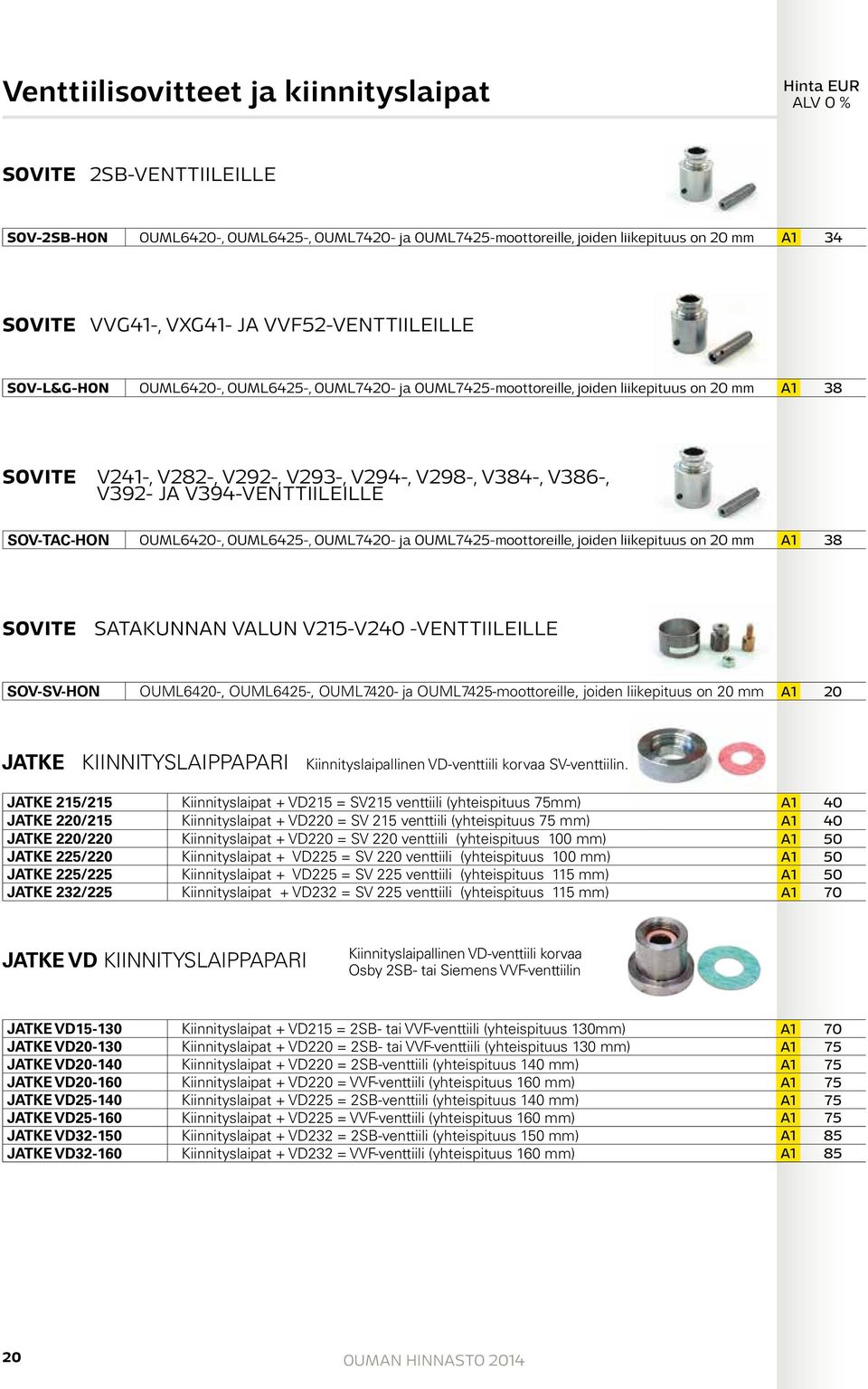V394-VENTTIILEILLE SOV-TAC-HON OUML6420-, OUML6425-, OUML7420- ja OUML7425-moottoreille, joiden liikepituus on 20 mm A1 38 SOVITE SATAKUNNAN VALUN V215-V240 -VENTTIILEILLE SOV-SV-HON OUML6420-,