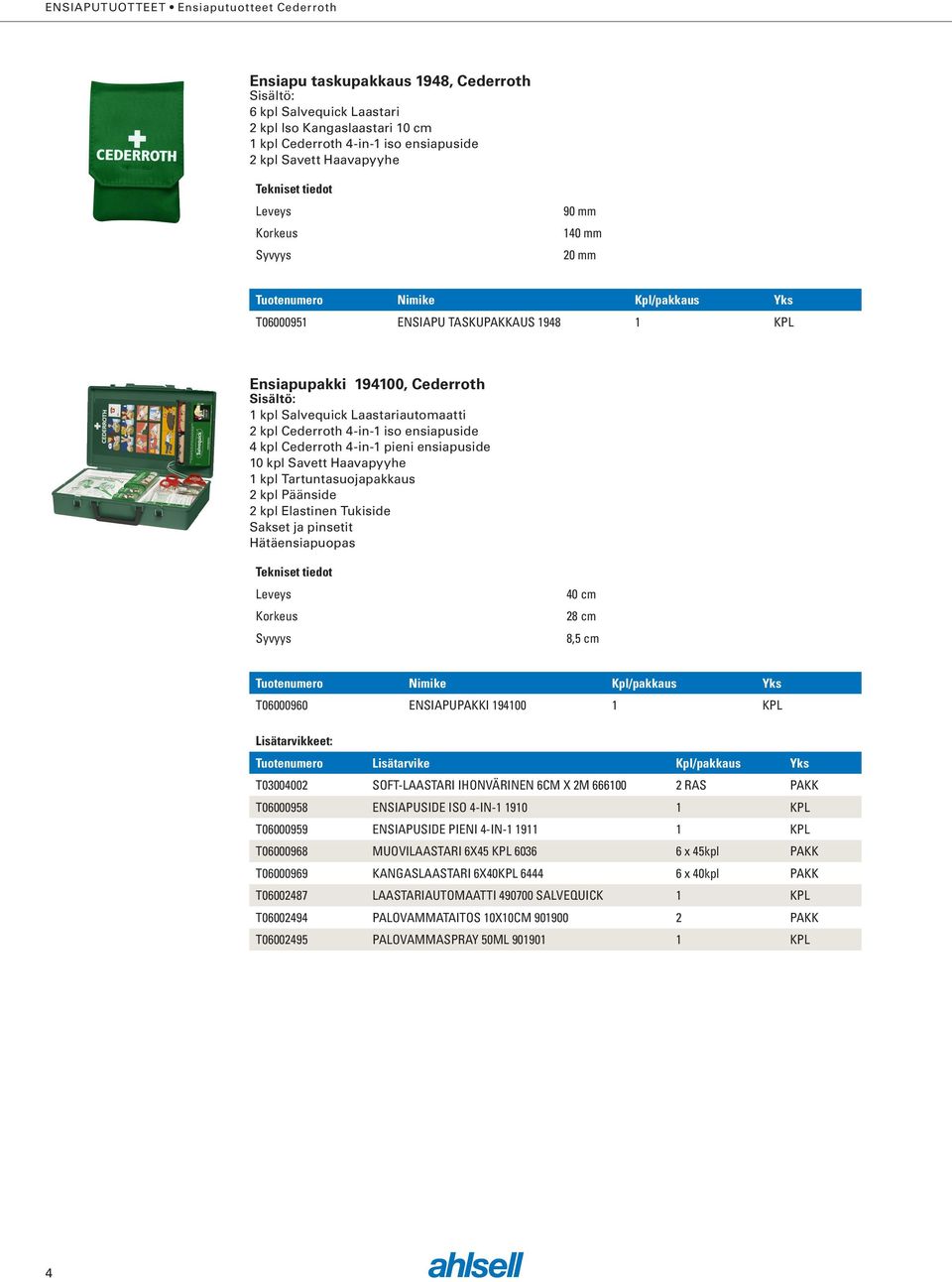 ensiapuside 4 kpl Cederroth 4-in-1 pieni ensiapuside 10 kpl Savett Haavapyyhe 1 kpl Tartuntasuojapakkaus 2 kpl Päänside 2 kpl Elastinen Tukiside Sakset ja pinsetit Hätäensiapuopas 40 cm 28 cm 8,5 cm