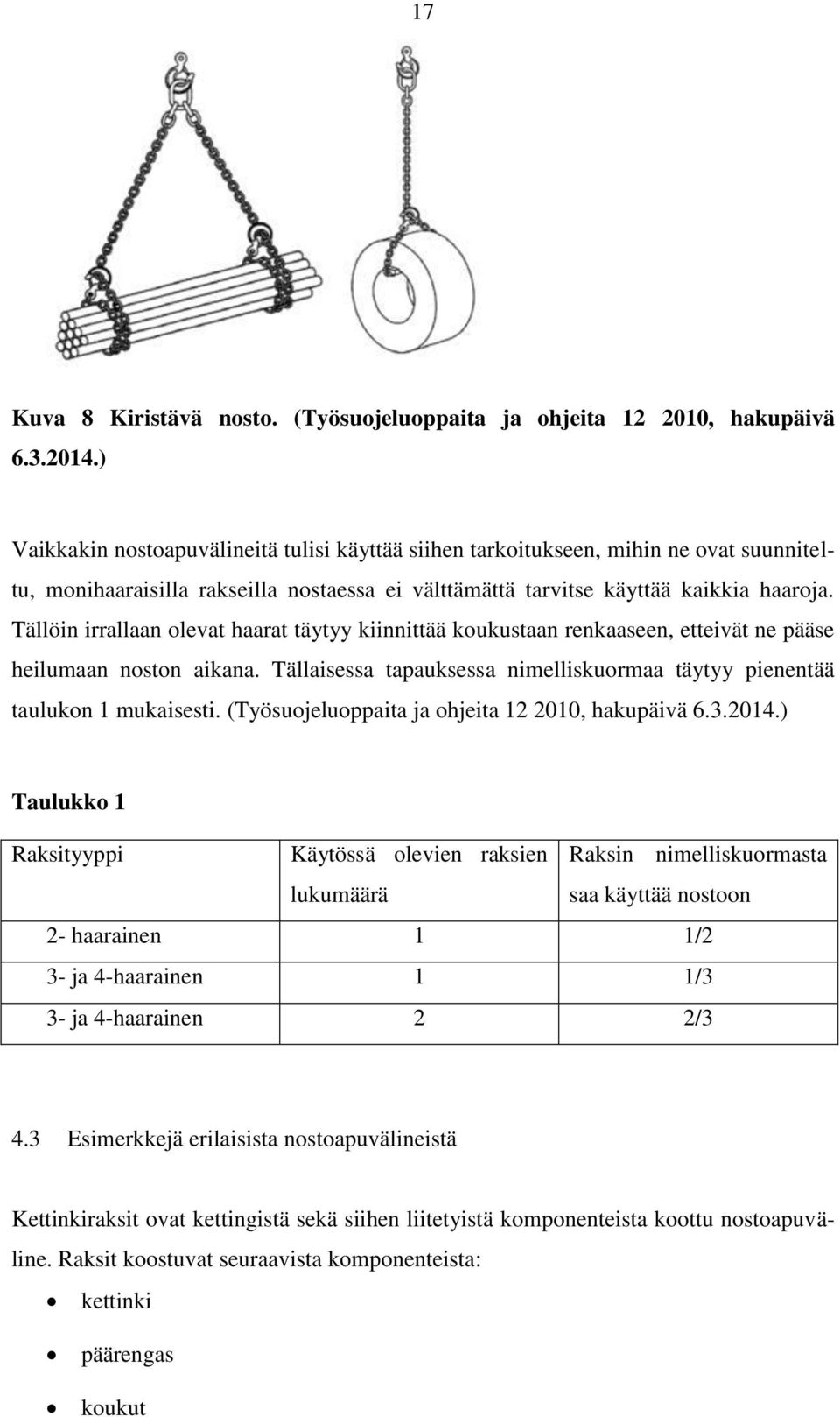 Tällöin irrallaan olevat haarat täytyy kiinnittää koukustaan renkaaseen, etteivät ne pääse heilumaan noston aikana. Tällaisessa tapauksessa nimelliskuormaa täytyy pienentää taulukon 1 mukaisesti.