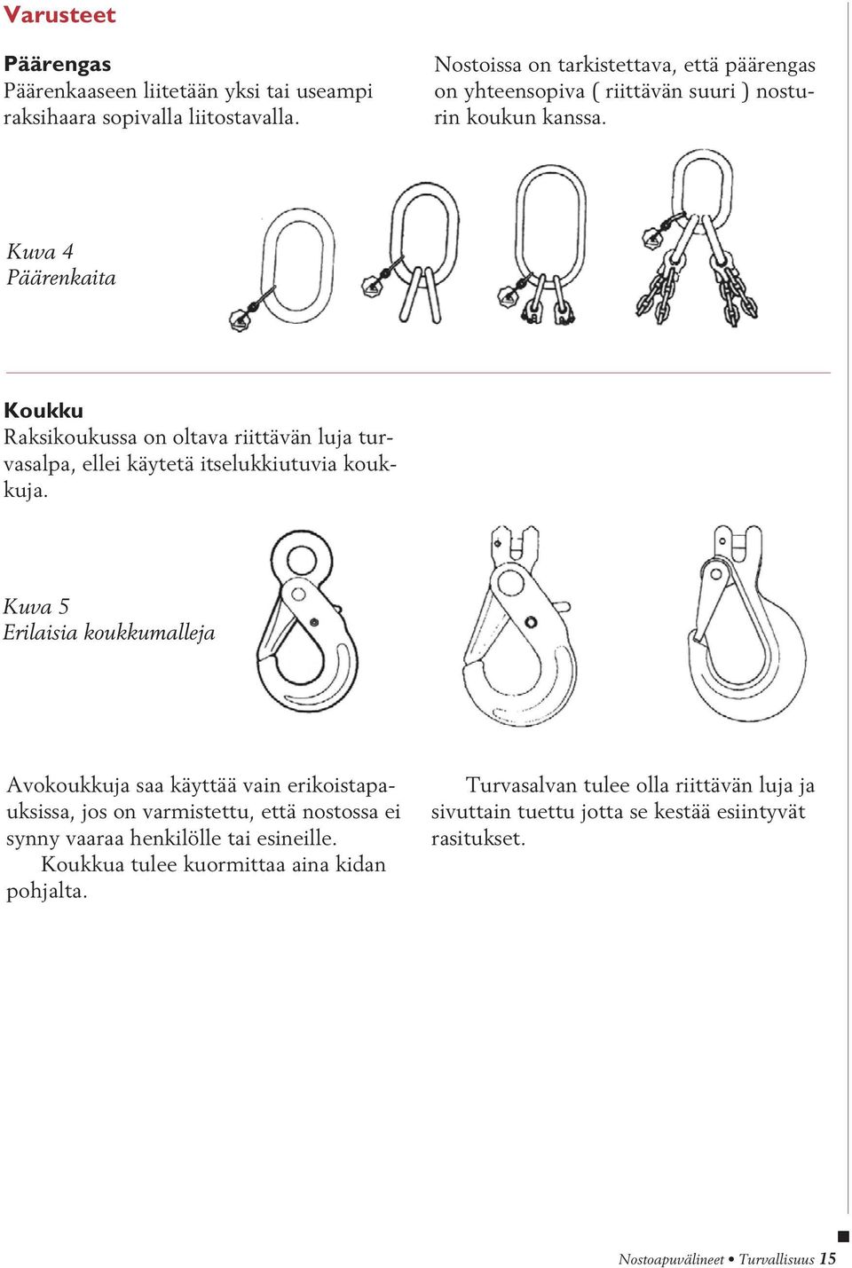 Kuva 4 Päärenkaita Koukku Raksikoukussa on oltava riittävän luja turvasalpa, ellei käytetä itselukkiutuvia koukkuja.