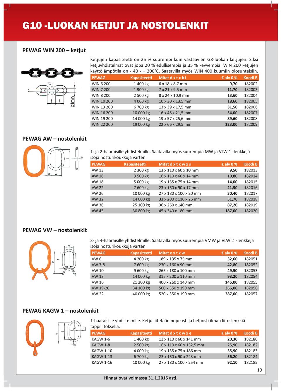 PEWAG Kapasitee Mitat d x t x b1 alv 0 % Koodi B WIN 6 200 1 400 kg 6 x 18 x 8,7 mm 9,70 182002 WIN 7 200 1 900 kg 7 x 21 x 9,5 mm 11,70 182003 WIN 8 200 2 500 kg 8 x 24 x 10,9 mm 13,60 182004 WIN 10