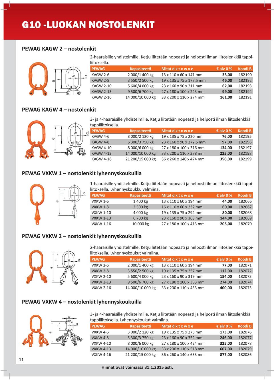 PEWAG Kapasitee Mitat d x t x w x e alv 0 % Koodi B KAGW 2-6 2 000/1 400 kg 13 x 110 x 60 x 141 mm 33,00 182190 KAGW 2-8 3 550/2 500 kg 19 x 135 x 75 x 177,5 mm 46,00 182192 KAGW 2-10 5 600/4 000 kg