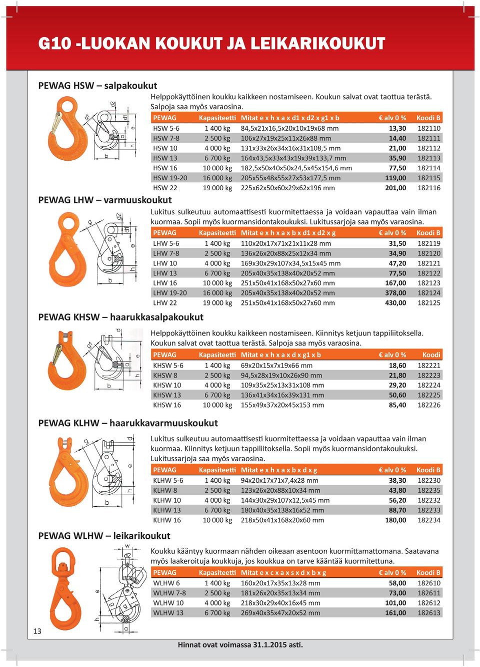 PEWAG Kapasitee Mitat e x h x a x d1 x d2 x g1 x b alv 0 % Koodi B HSW 5-6 1 400 kg 84,5x21x16,5x20x10x19x68 mm 13,30 182110 HSW 7-8 2 500 kg 106x27x19x25x11x26x88 mm 14,40 182111 HSW 10 4 000 kg