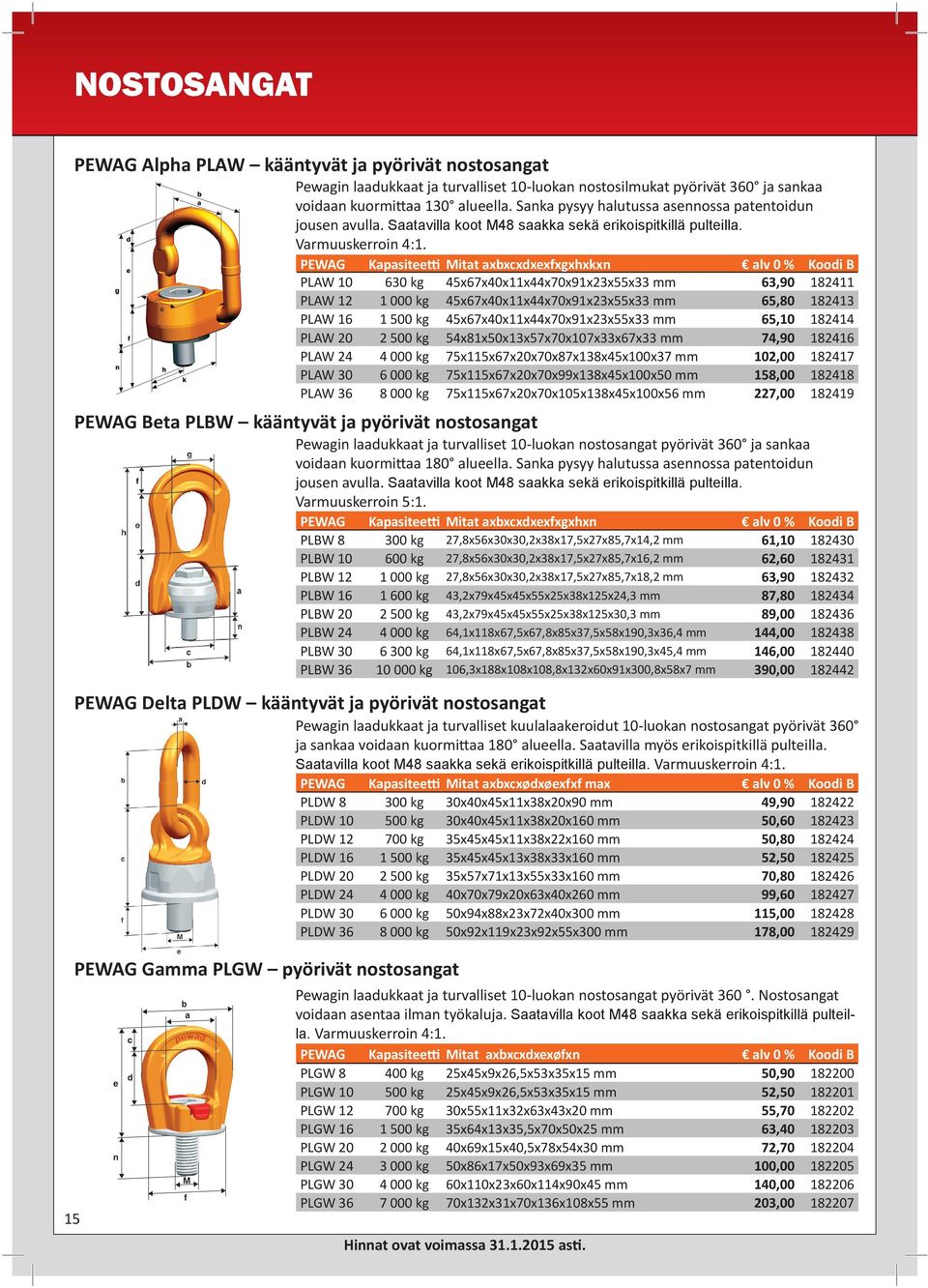 PEWAG Kapasitee Mitat axbxcxdxexfxgxhxkxn alv 0 % Koodi B PLAW 10 630 kg 45x67x40x11x44x70x91x23x55x33 mm 63,90 182411 PLAW 12 1 000 kg 45x67x40x11x44x70x91x23x55x33 mm 65,80 182413 PLAW 16 1 500 kg