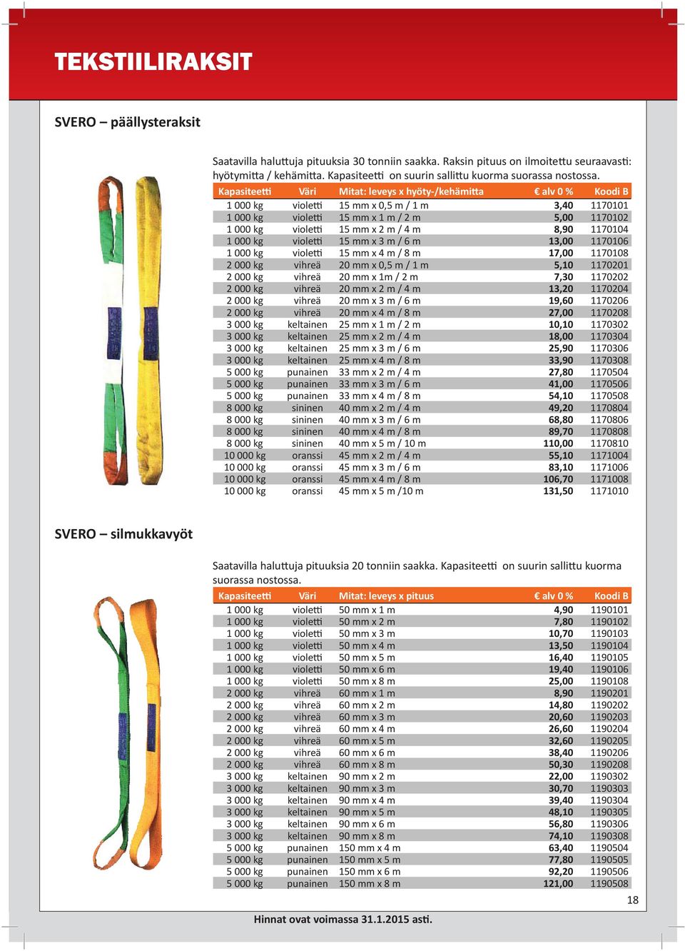 Kapasitee Väri Mitat: leveys x hyöty-/kehämi a alv 0 % Koodi B 1 000 kg viole 15 mm x 0,5 m / 1 m 3,40 1170101 1 000 kg viole 15 mm x 1 m / 2 m 5,00 1170102 1 000 kg viole 15 mm x 2 m / 4 m 8,90