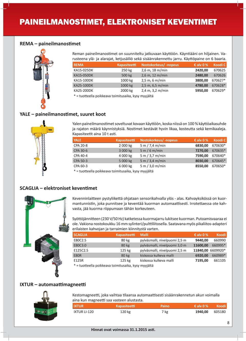 REMA Kapasitee Nostokorkeus/ -nopeus alv 0 % Koodi C KA1S-025DK 250 kg 2,6 m, 18 m/min 2420,00 670625 KA1S-050DK 500 kg 2,6 m, 12 m/min 2480,00 670626 KA1S-100DK 1000 kg 2,5 m, 6 m/min 3800,00