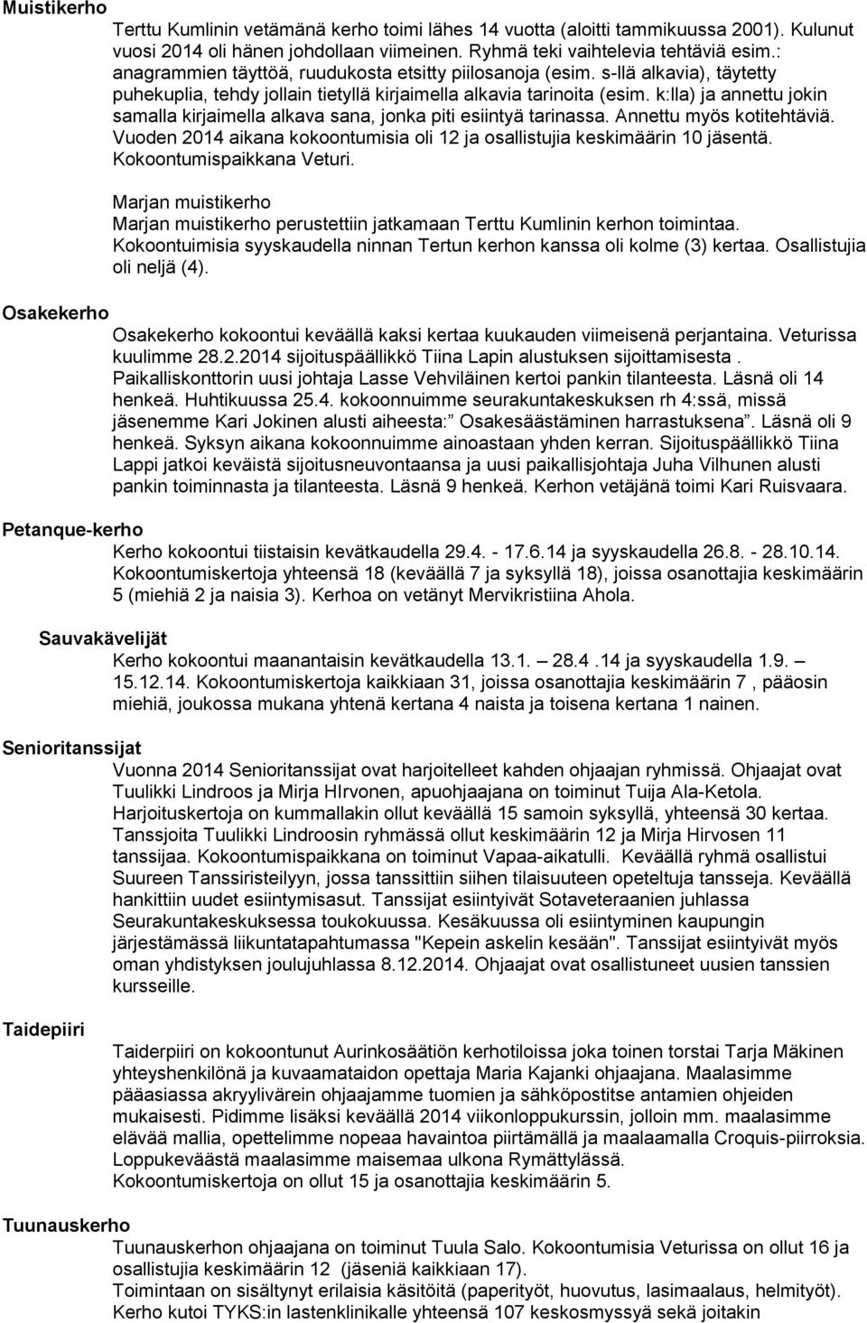 k:lla) ja annettu jokin samalla kirjaimella alkava sana, jonka piti esiintyä tarinassa. Annettu myös kotitehtäviä. Vuoden 2014 aikana kokoontumisia oli 12 ja osallistujia keskimäärin 10 jäsentä.