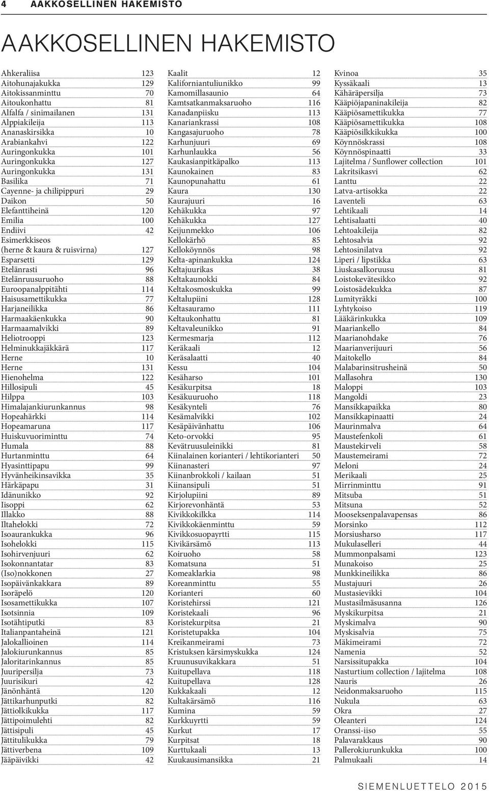 Esparsetti 129 Etelänrasti 96 Etelänruusuruoho 88 Euroopanalppitähti 114 Haisusamettikukka 77 Harjaneilikka 86 Harmaakäenkukka 90 Harmaamalvikki 89 Heliotrooppi 123 Helminukkajäkkärä 117 Herne 10