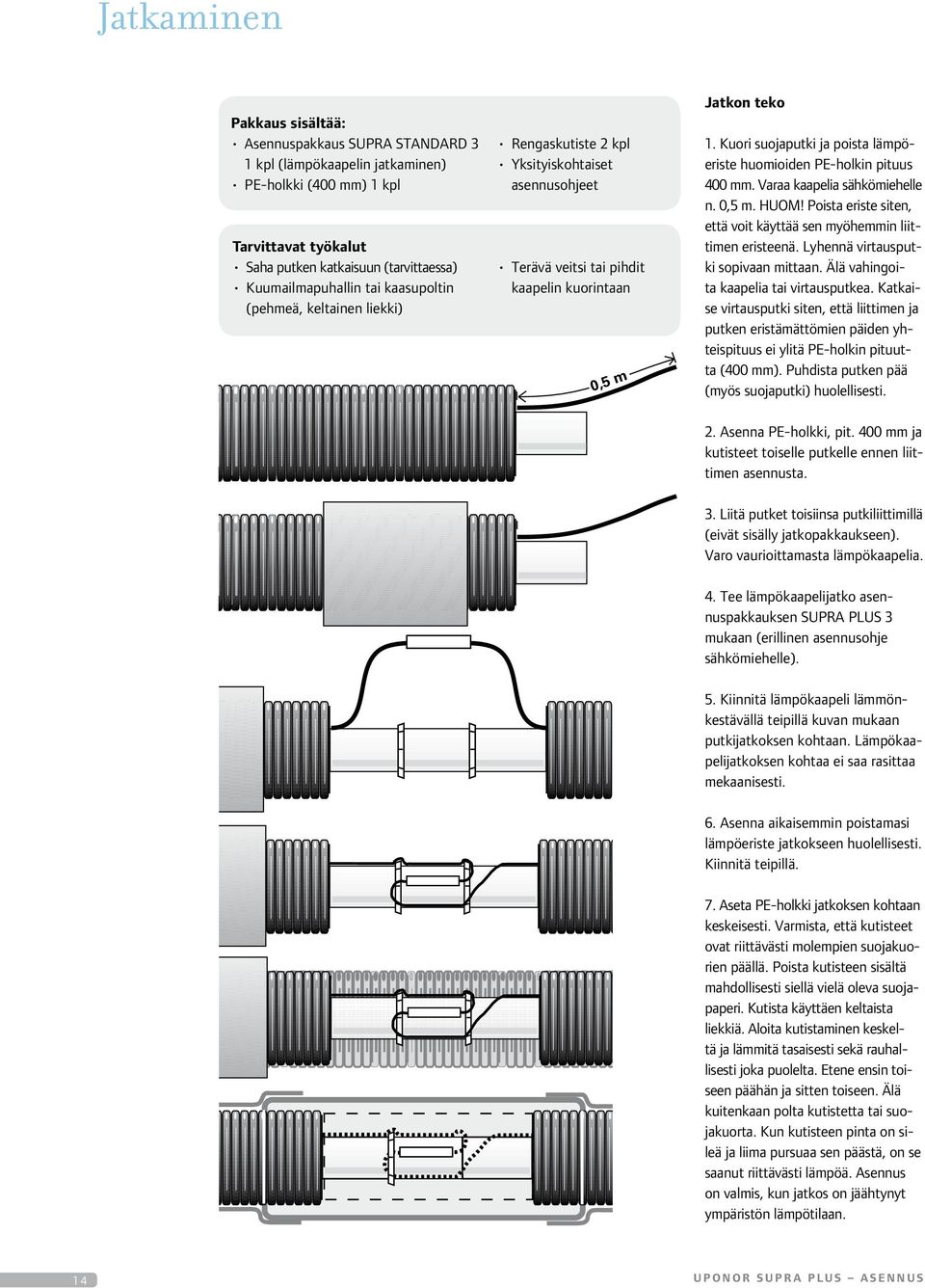 Kuori suojaputki ja poista lämpöeriste huomioiden PE-holkin pituus 00 mm. Varaa kaapelia sähkömiehelle n. 0, m. HUOM! Poista eriste siten, että voit käyttää sen myöhemmin liittimen eristeenä.